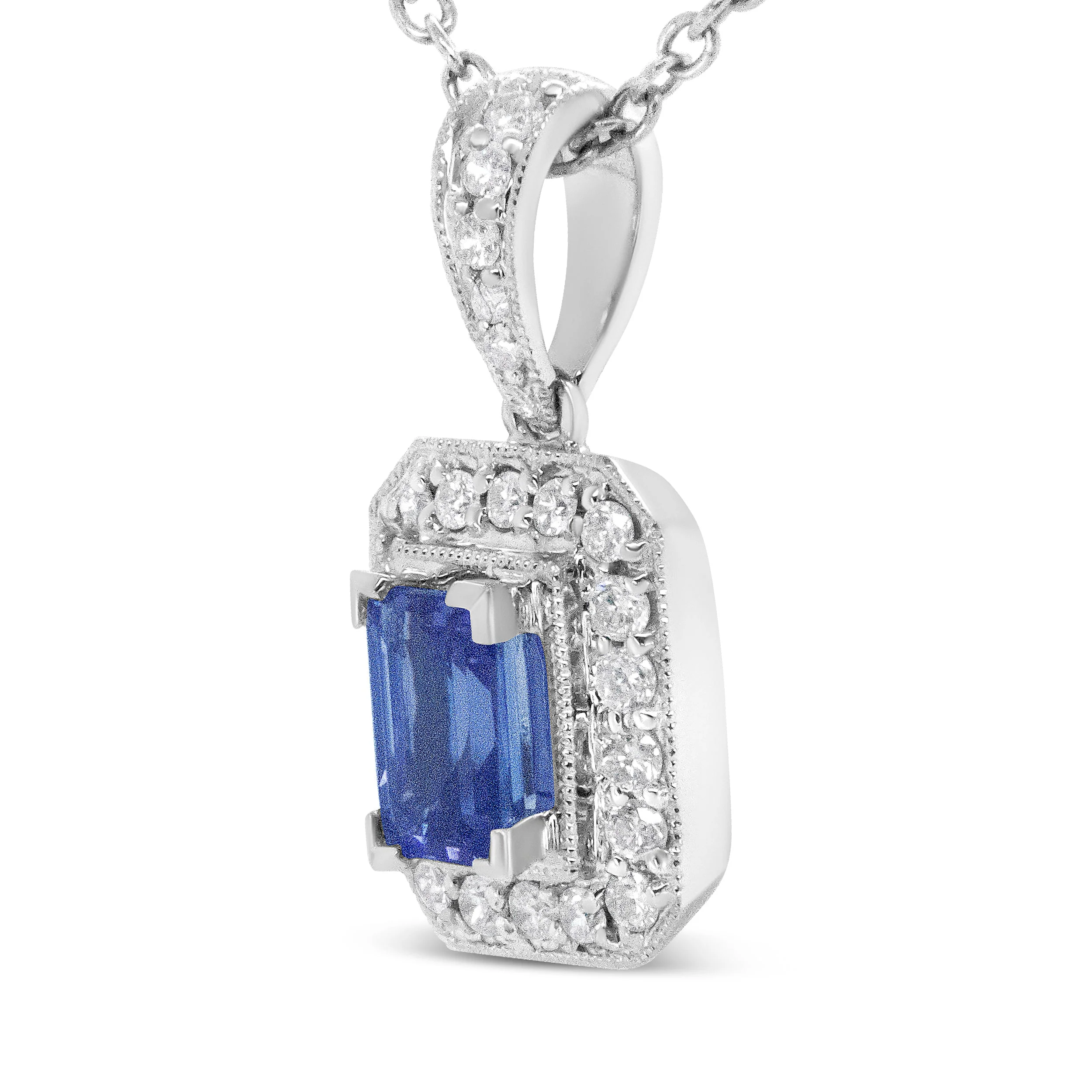 18K White Gold 1/4 Cttw Round Diamond and 6x4mm Purple Tanzanite Halo 18" Pendant Necklace (H-I Color, VS1-VS2 Clarity) - Image 6