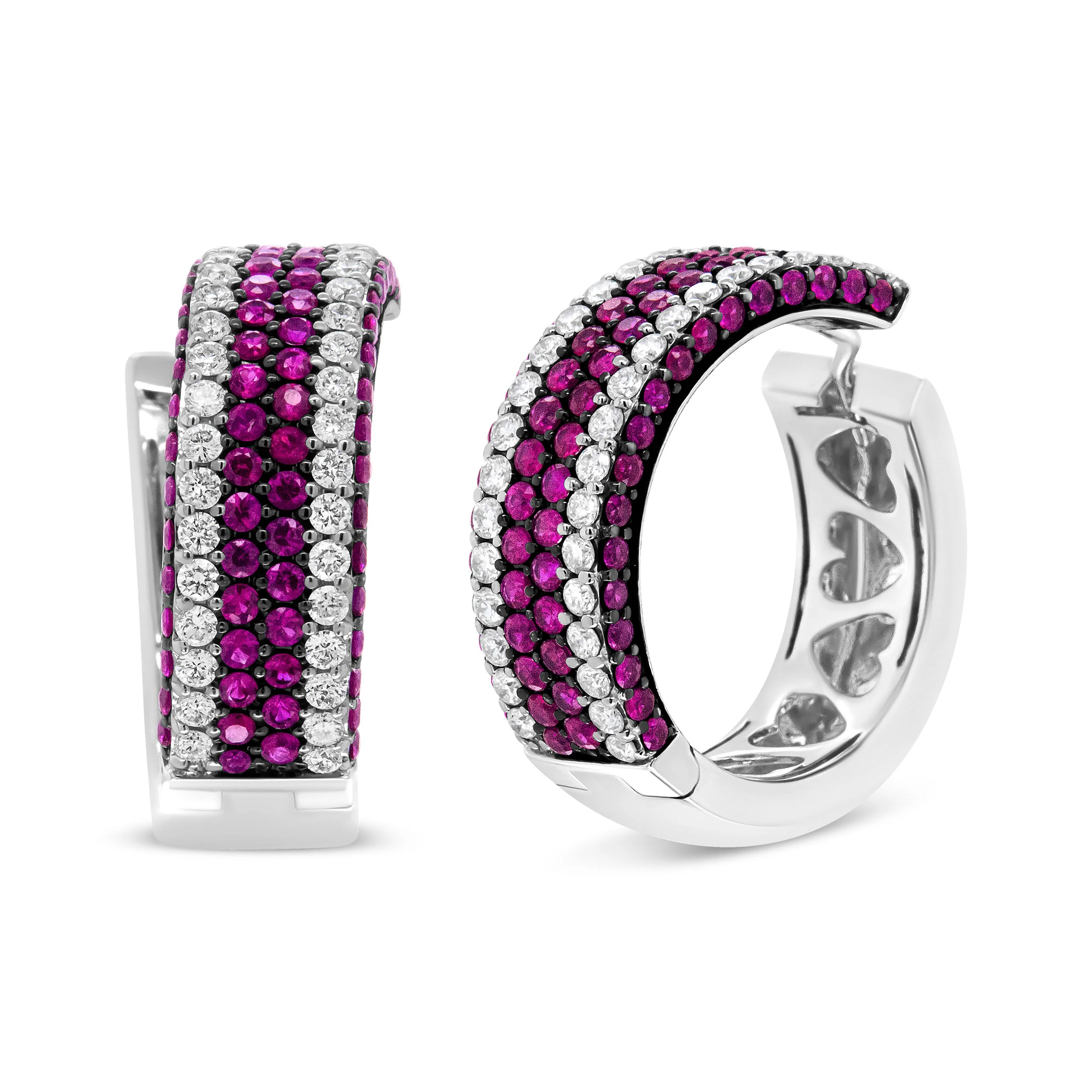 18K White Gold 1 7/8 Cttw Diamond and 1mm Round Red Ruby Open Swish Hoop Earrings (F-G Color, VS1-VS2 Clarity) - Image 6
