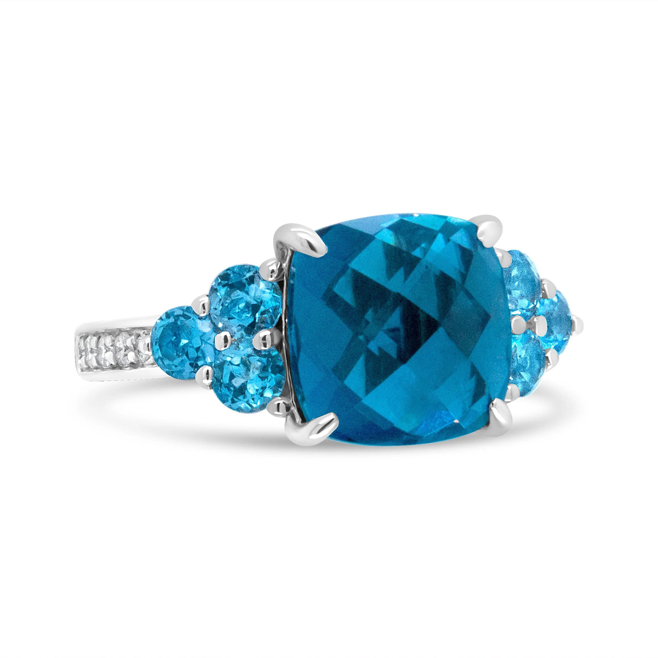 18K White Gold 10mm Cushion Shaped Blue Topaz and 1/6 Cttw Diamond 3 Stone Style Ring (F-G Color, VS1-VS2 Clarity) - Ring Size 6.5 - Image 2