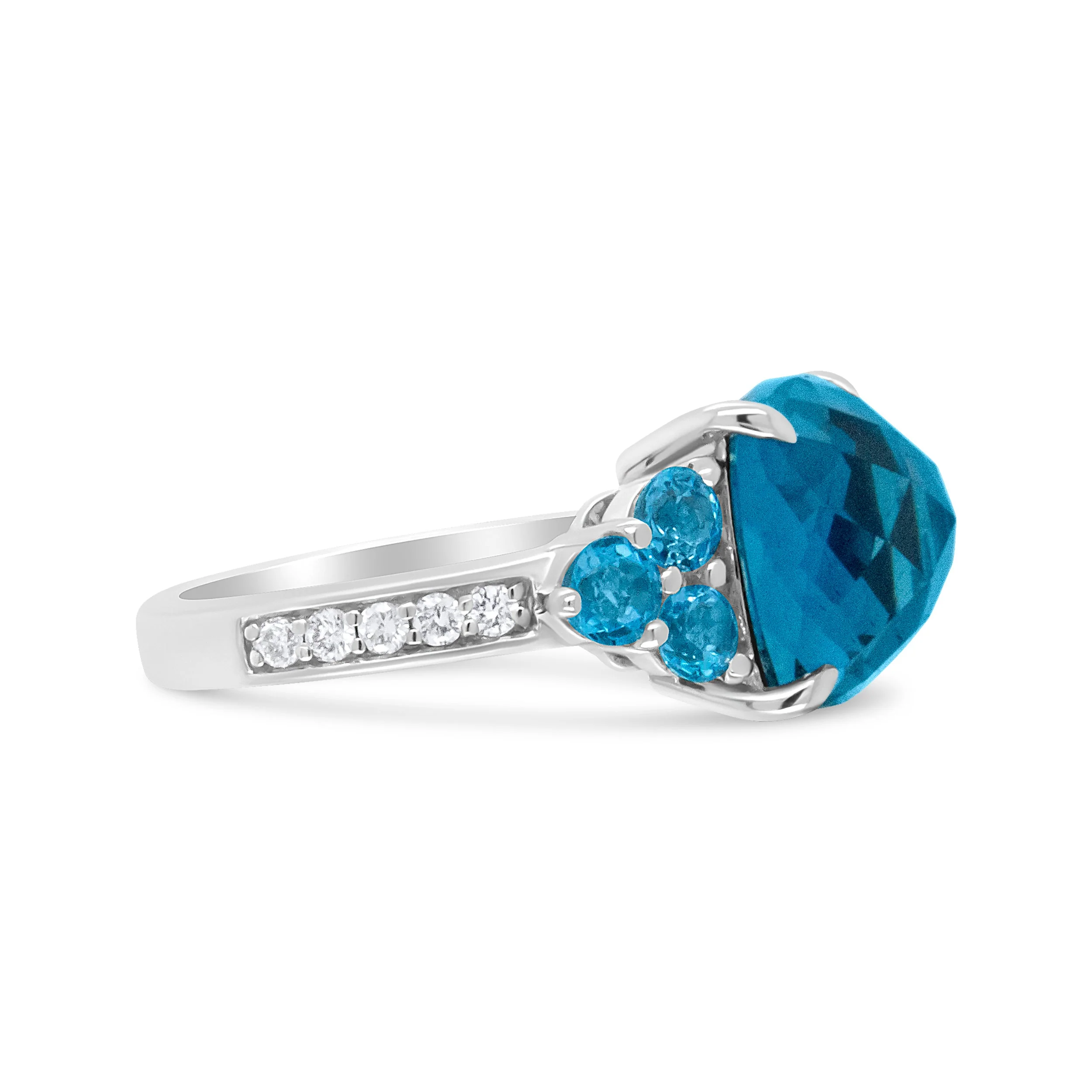 18K White Gold 10mm Cushion Shaped Blue Topaz and 1/6 Cttw Diamond 3 Stone Style Ring (F-G Color, VS1-VS2 Clarity) - Ring Size 6.5 - Image 3