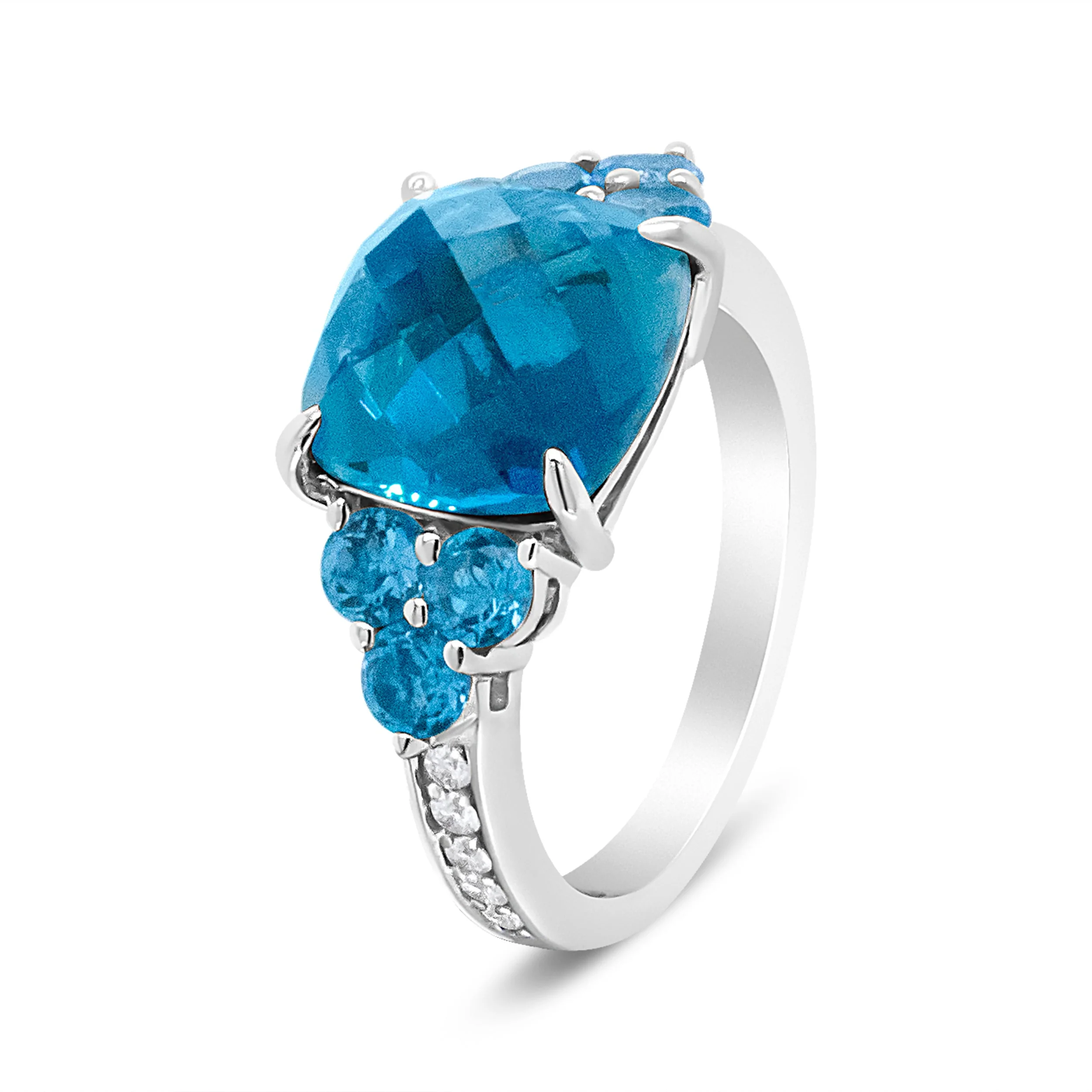 18K White Gold 10mm Cushion Shaped Blue Topaz and 1/6 Cttw Diamond 3 Stone Style Ring (F-G Color, VS1-VS2 Clarity) - Ring Size 6.5 - Image 4