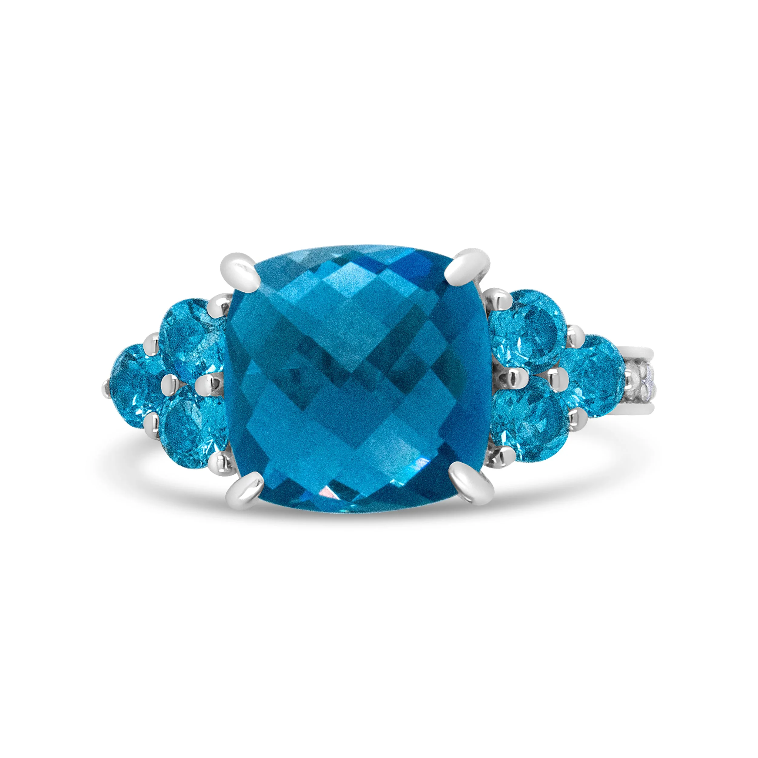 18K White Gold 10mm Cushion Shaped Blue Topaz and 1/6 Cttw Diamond 3 Stone Style Ring (F-G Color, VS1-VS2 Clarity) - Ring Size 6.5 - Image 5