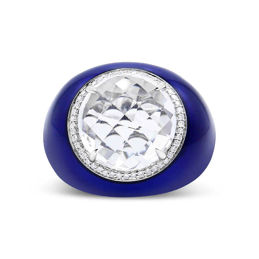 18K White Gold 14mm White Quartz and 1/5 Cttw Diamond Halo with Blue Enamel Dome Ring (F-G Color, VS1-VS2 Clarity) - Ring Size 7 - Image 4