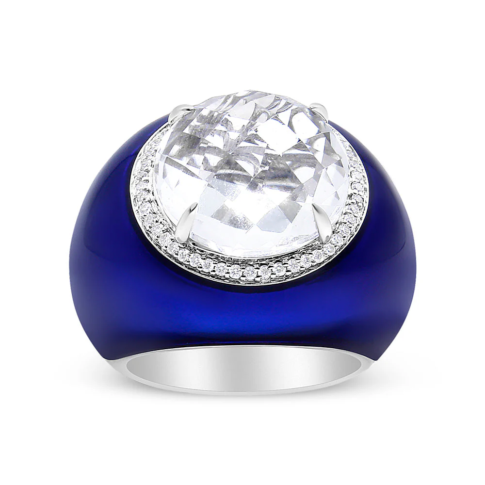 18K White Gold 14mm White Quartz and 1/5 Cttw Diamond Halo with Blue Enamel Dome Ring (F-G Color, VS1-VS2 Clarity) - Ring Size 7 - Image 5