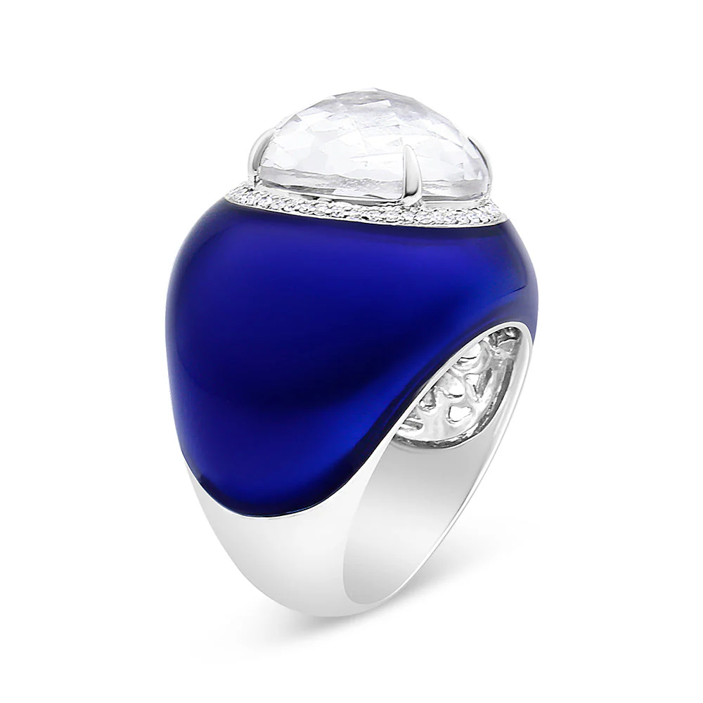 18K White Gold 14mm White Quartz and 1/5 Cttw Diamond Halo with Blue Enamel Dome Ring (F-G Color, VS1-VS2 Clarity) - Ring Size 7 - Image 6