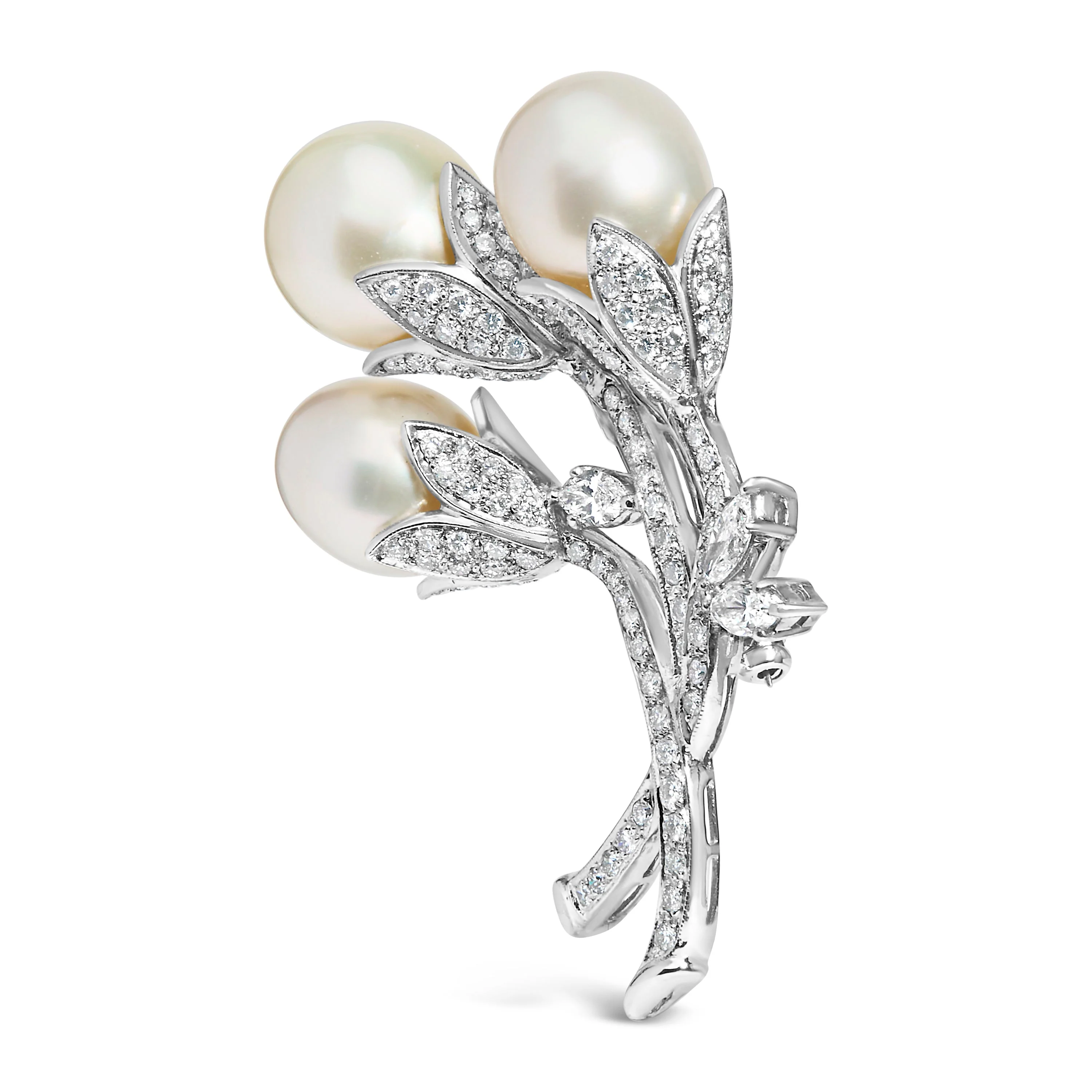 18K White Gold 2 1/5 Cttw Diamond and South Sea Pearl Floral Brooch Pin (G-H Color, VS1-VS2 Clarity) - Image 2