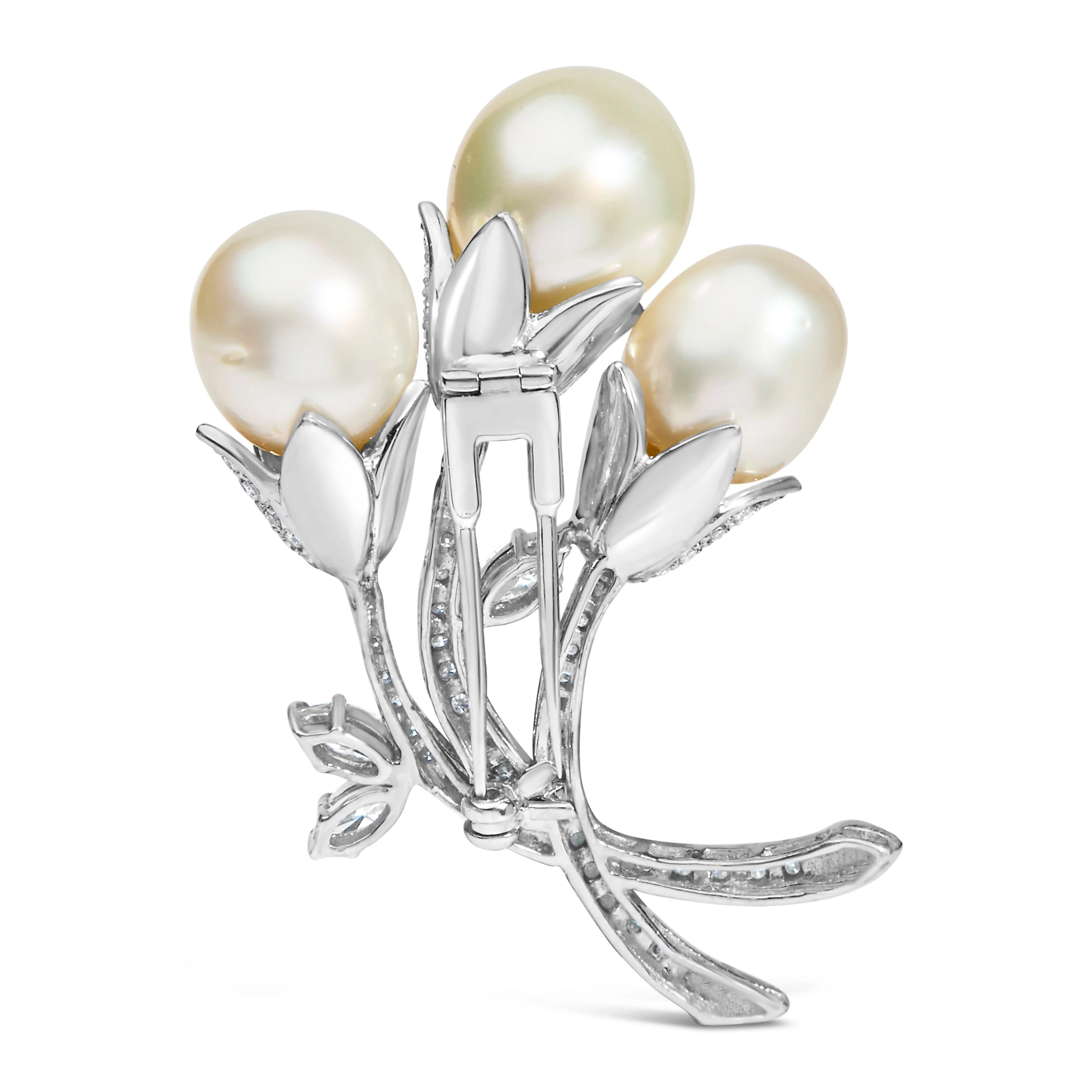 18K White Gold 2 1/5 Cttw Diamond and South Sea Pearl Floral Brooch Pin (G-H Color, VS1-VS2 Clarity) - Image 4