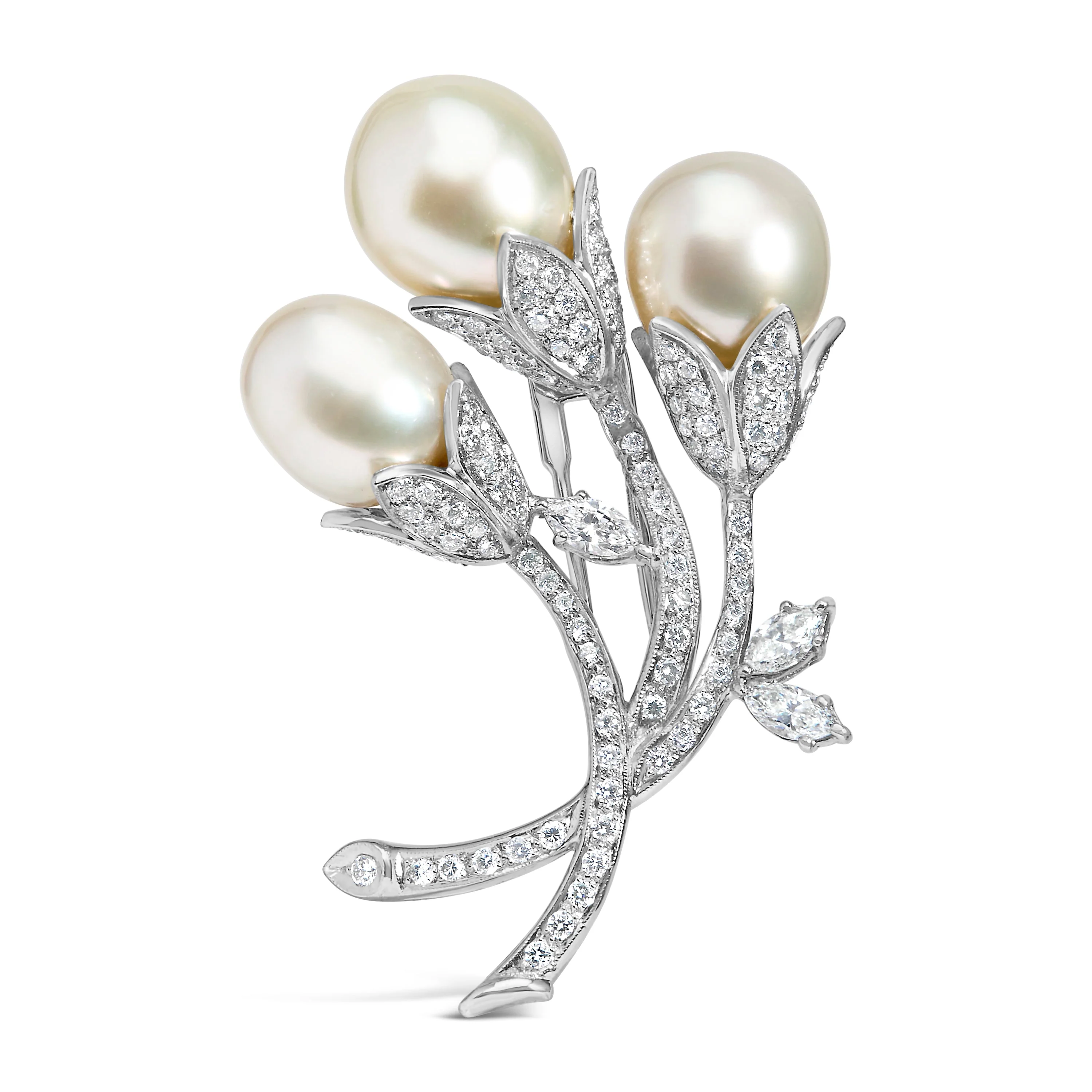 18K White Gold 2 1/5 Cttw Diamond and South Sea Pearl Floral Brooch Pin (G-H Color, VS1-VS2 Clarity) - Image 5