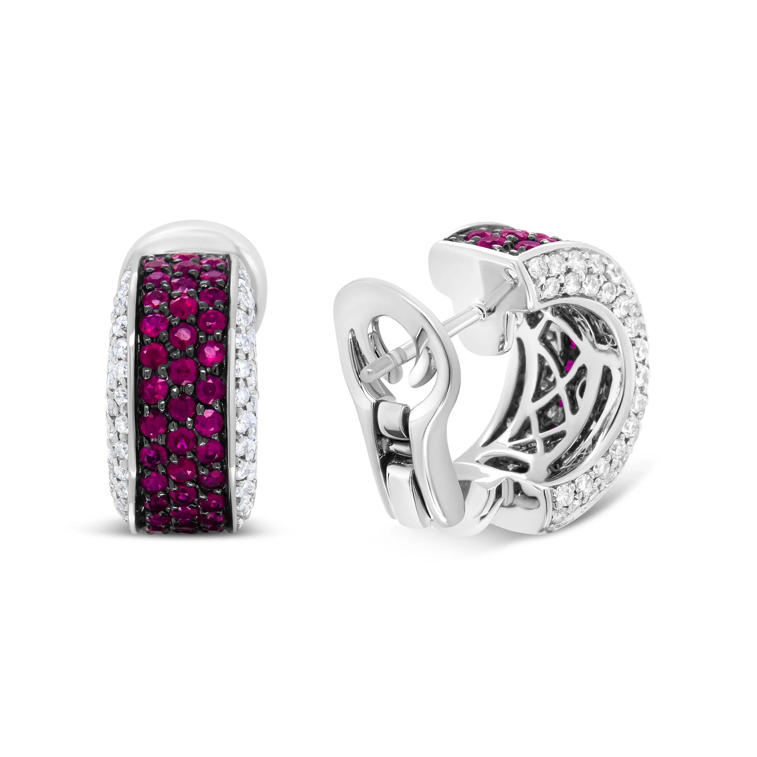 18K White Gold and Black Rhodium Plated 3/4 Cttw Round Diamonds and 1mm Round Red Ruby Huggie Hoop Earrings (F-G Color, VS1-VS2 Clarity) - Image 10