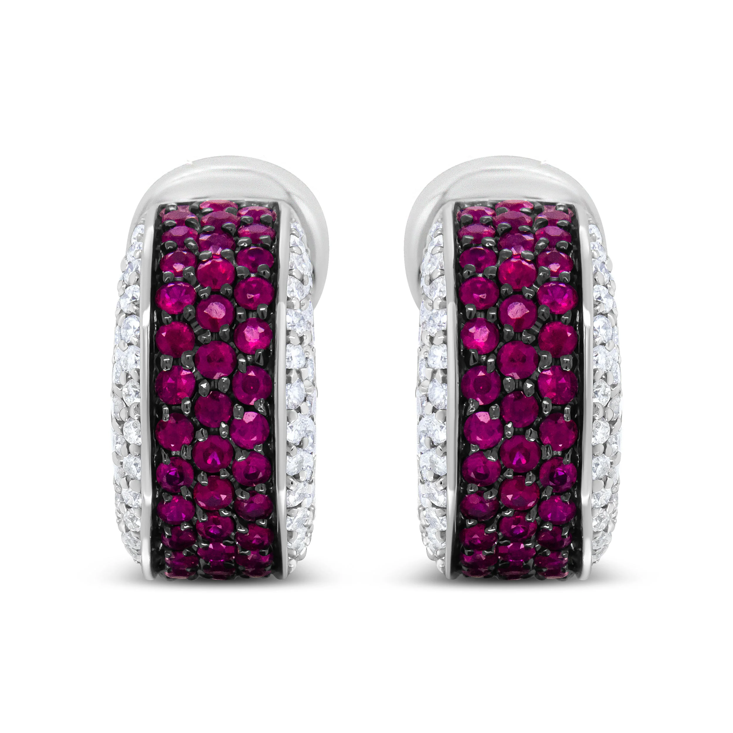 18K White Gold and Black Rhodium Plated 3/4 Cttw Round Diamonds and 1mm Round Red Ruby Huggie Hoop Earrings (F-G Color, VS1-VS2 Clarity) - Image 11
