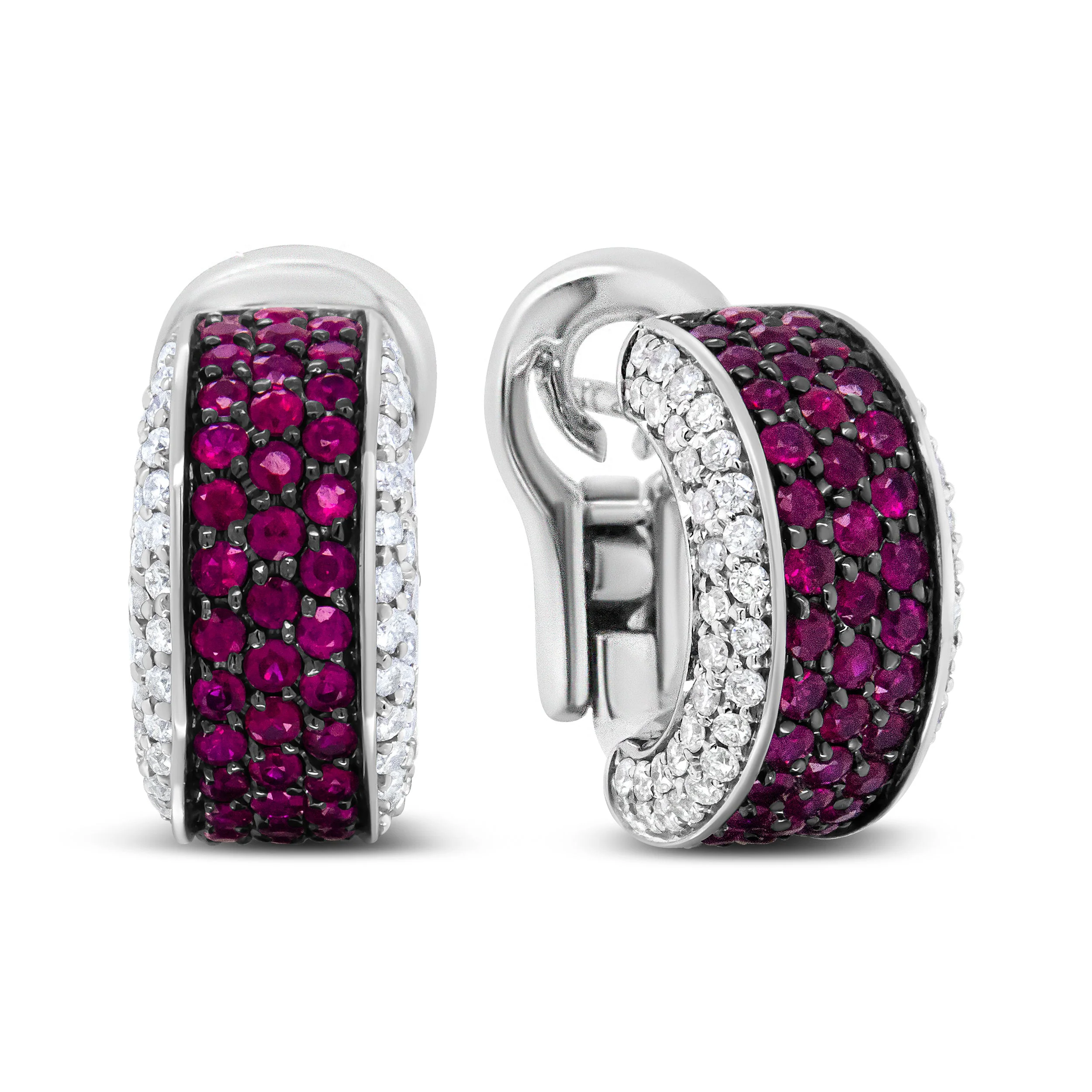 18K White Gold and Black Rhodium Plated 3/4 Cttw Round Diamonds and 1mm Round Red Ruby Huggie Hoop Earrings (F-G Color, VS1-VS2 Clarity) - Image 2