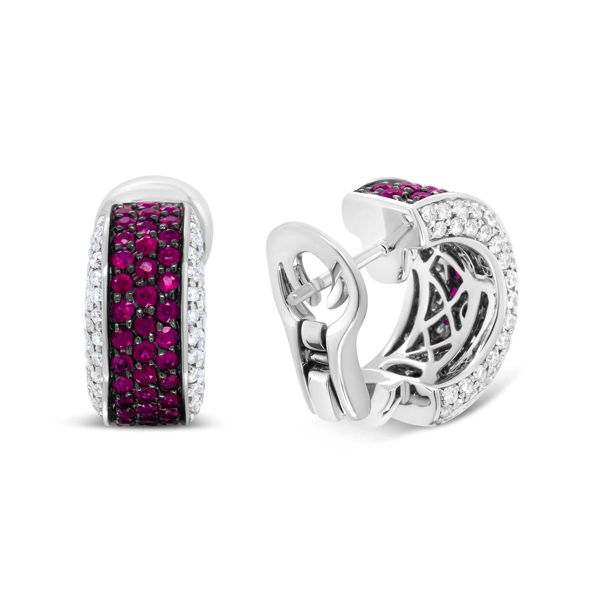 18K White Gold and Black Rhodium Plated 3/4 Cttw Round Diamonds and 1mm Round Red Ruby Huggie Hoop Earrings (F-G Color, VS1-VS2 Clarity) - Image 4