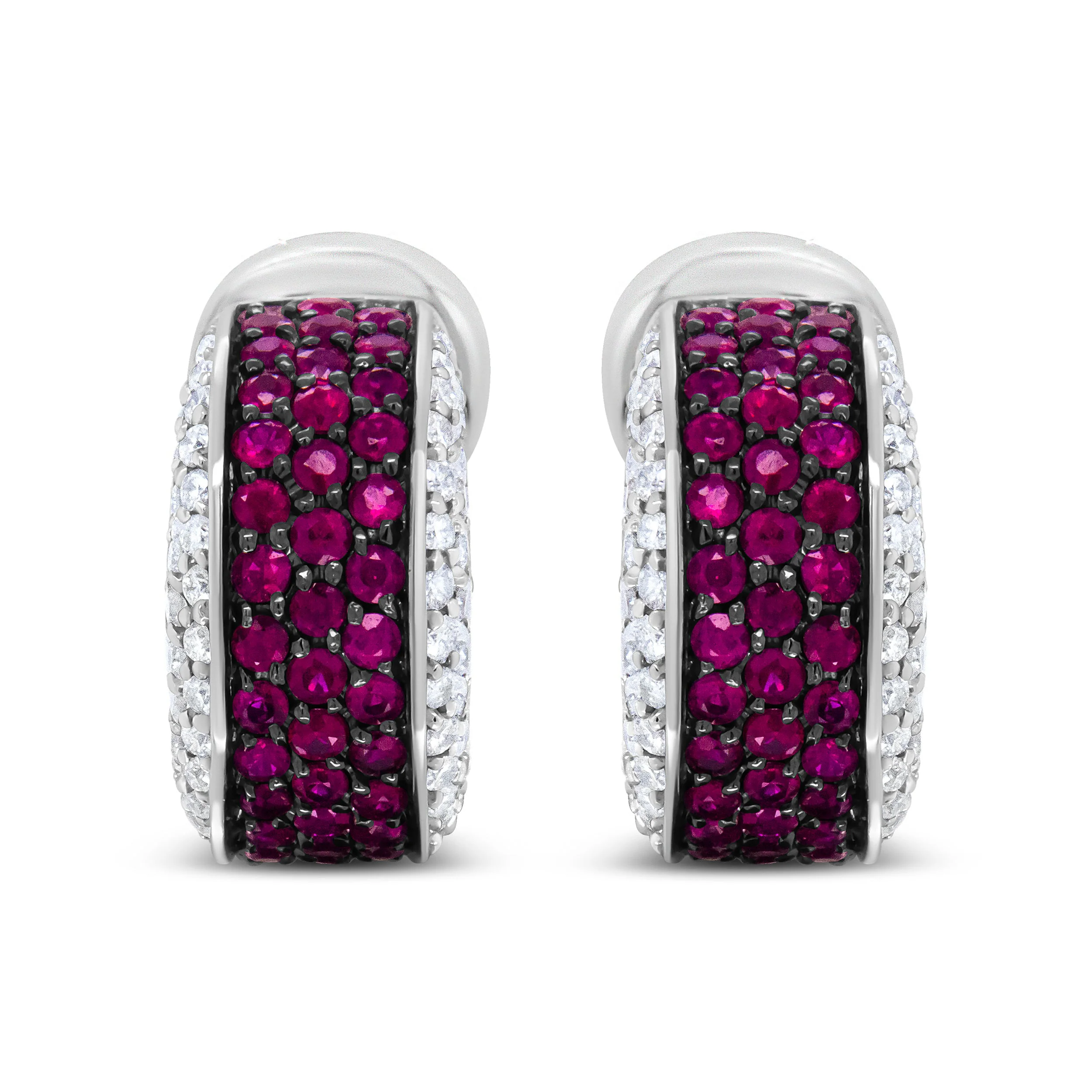 18K White Gold and Black Rhodium Plated 3/4 Cttw Round Diamonds and 1mm Round Red Ruby Huggie Hoop Earrings (F-G Color, VS1-VS2 Clarity) - Image 5