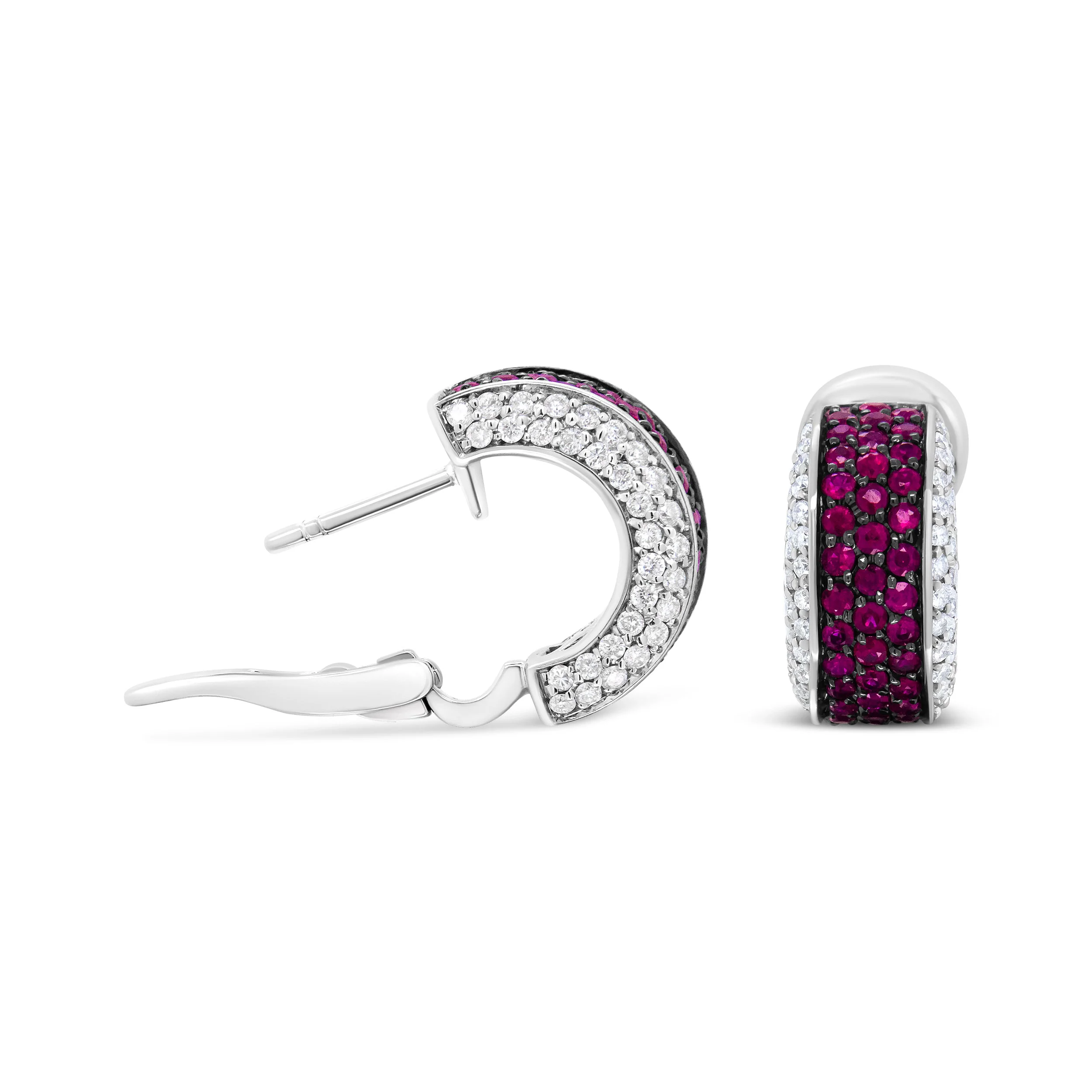 18K White Gold and Black Rhodium Plated 3/4 Cttw Round Diamonds and 1mm Round Red Ruby Huggie Hoop Earrings (F-G Color, VS1-VS2 Clarity) - Image 6