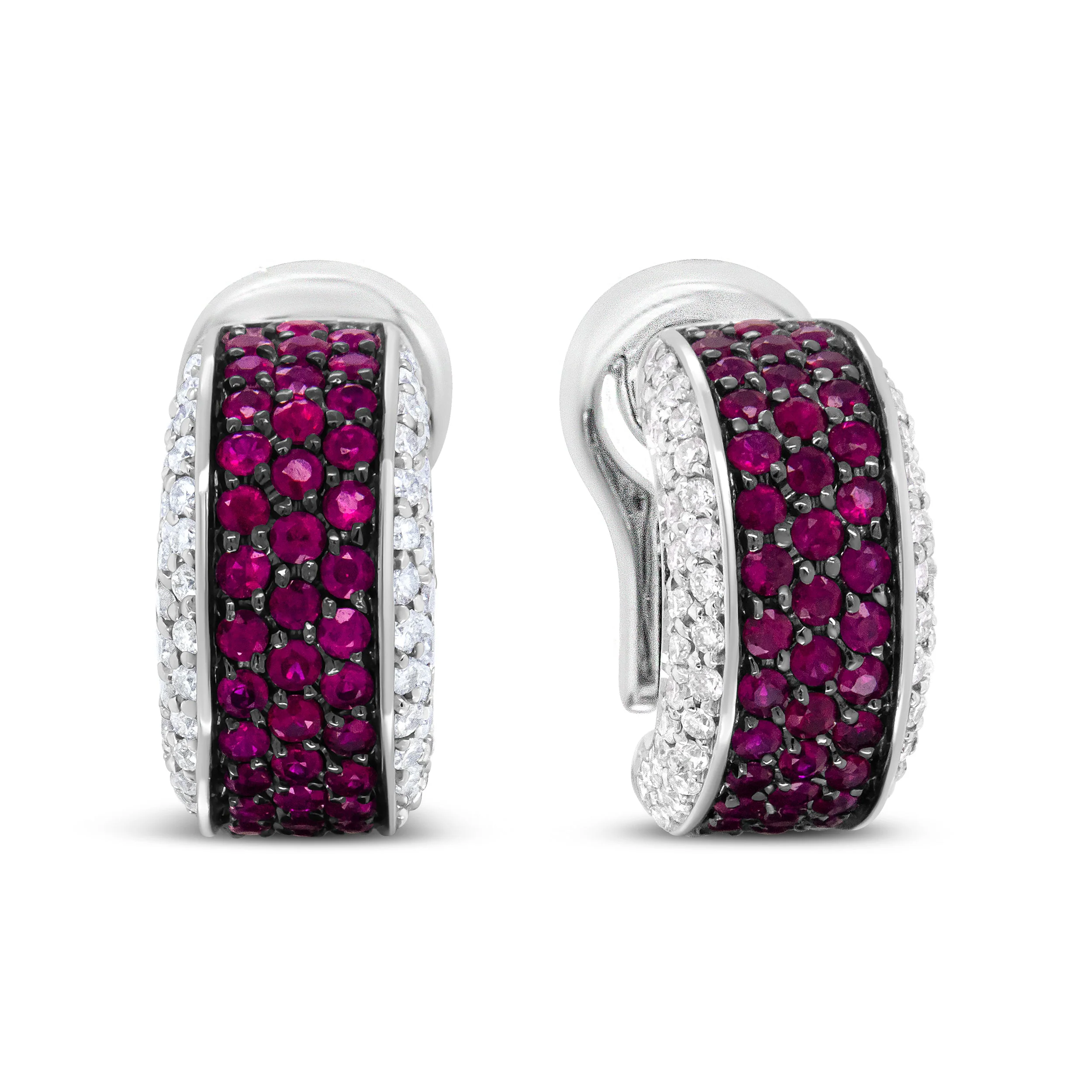 18K White Gold and Black Rhodium Plated 3/4 Cttw Round Diamonds and 1mm Round Red Ruby Huggie Hoop Earrings (F-G Color, VS1-VS2 Clarity) - Image 7