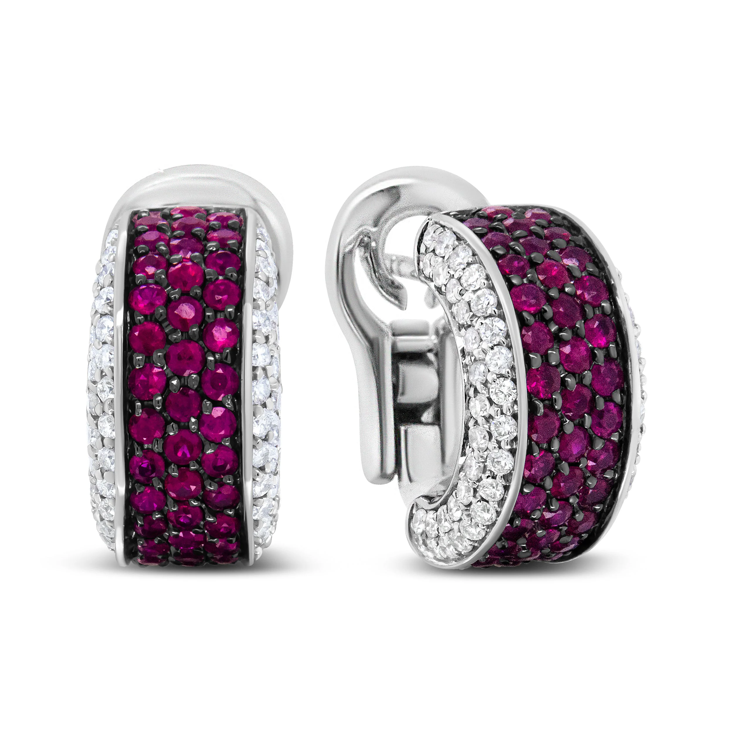 18K White Gold and Black Rhodium Plated 3/4 Cttw Round Diamonds and 1mm Round Red Ruby Huggie Hoop Earrings (F-G Color, VS1-VS2 Clarity) - Image 8