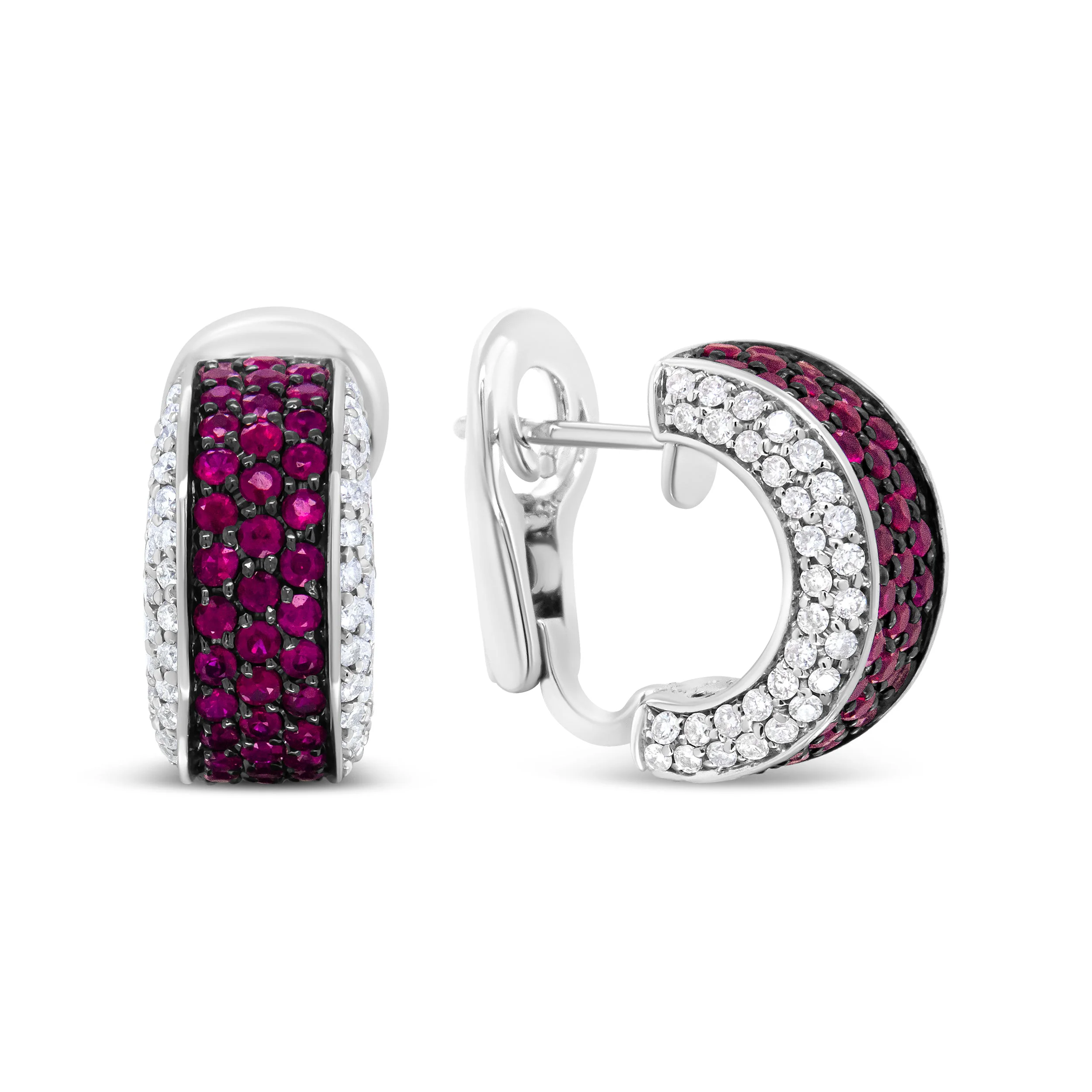 18K White Gold and Black Rhodium Plated 3/4 Cttw Round Diamonds and 1mm Round Red Ruby Huggie Hoop Earrings (F-G Color, VS1-VS2 Clarity) - Image 9