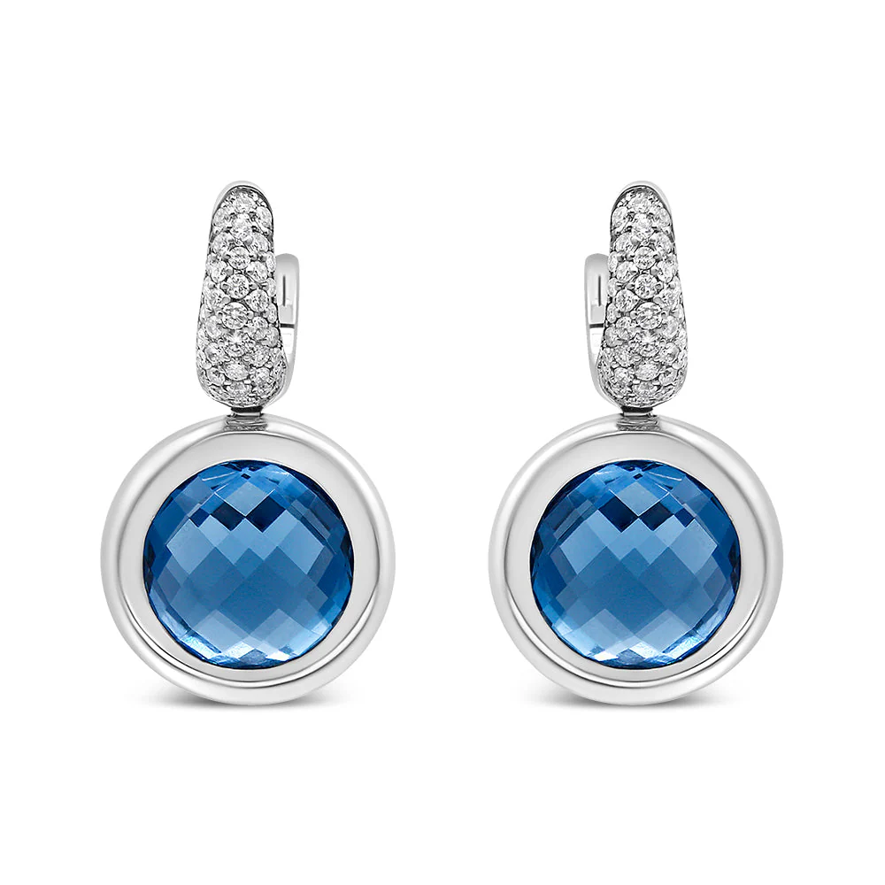 18K White Gold Bezel Set 11mm Blue Topaz and 1/2 Cttw Invisible Set Diamond Bale Dangle Earrings (F-G Color, VS1-VS2 Clarity) - Image 4