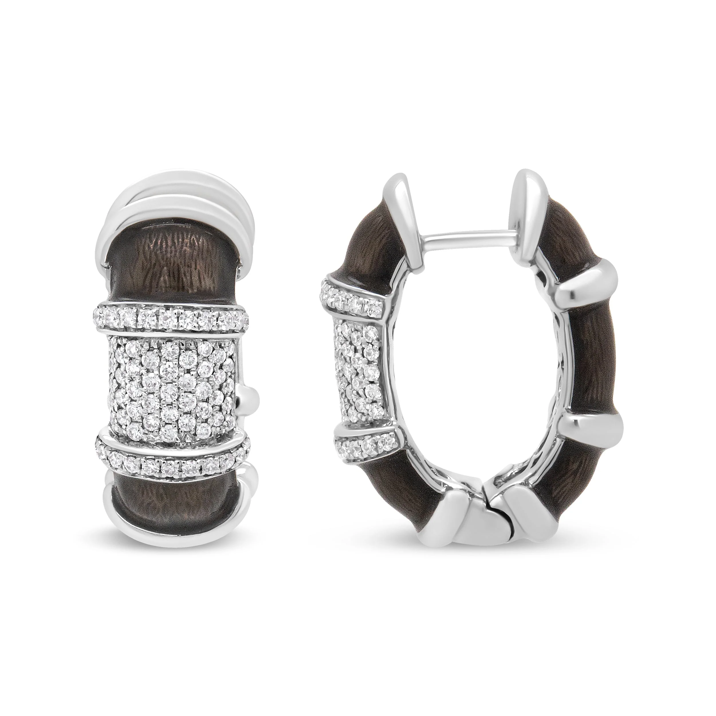 18K White Gold Flash Plated .925 Sterling Silver Clear Graphite Grey Enamel 5/8 Cttw Round Diamonds Huggie Hoop Earrings (F-G Color, VS1-VS2 Clarity) - Image 10