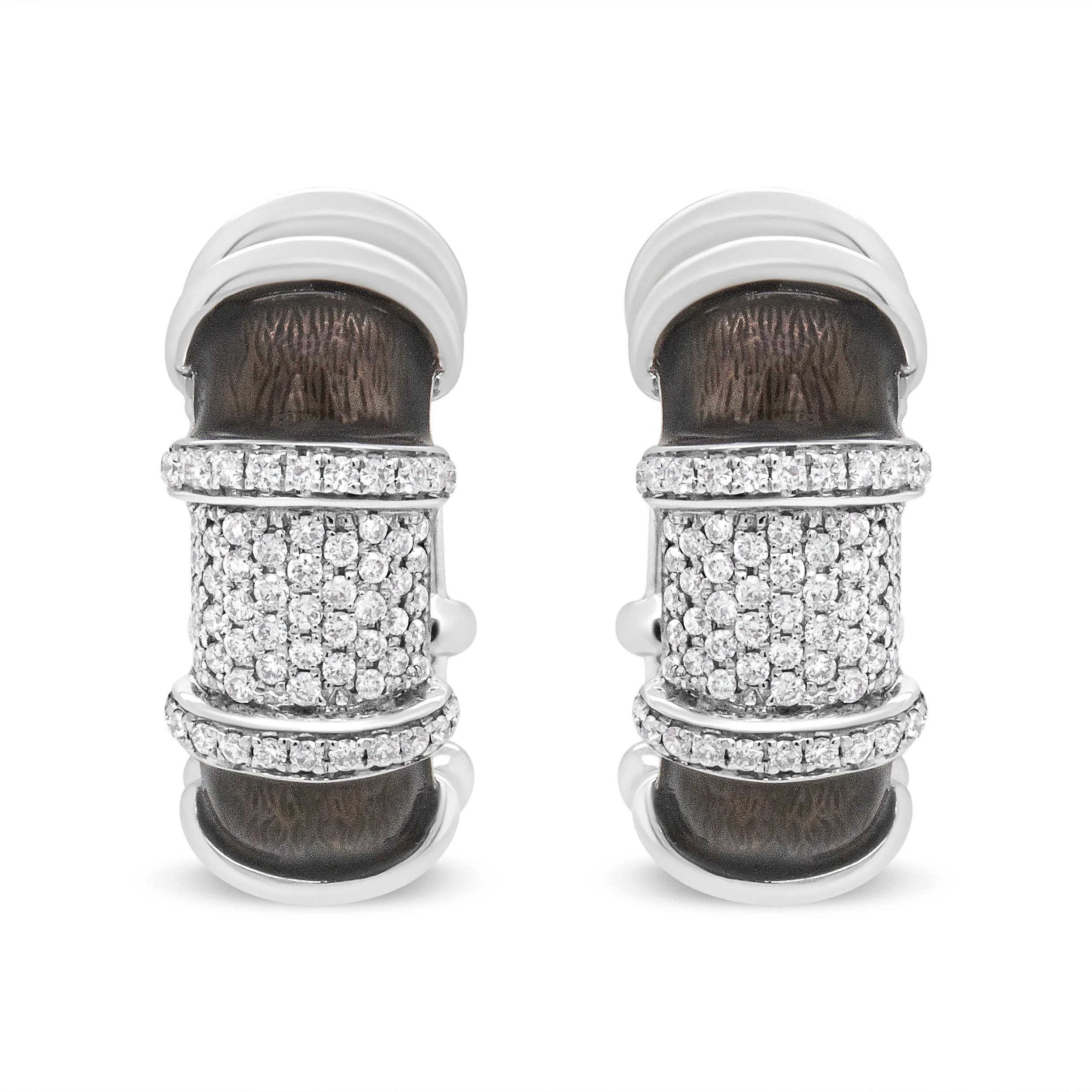 18K White Gold Flash Plated .925 Sterling Silver Clear Graphite Grey Enamel 5/8 Cttw Round Diamonds Huggie Hoop Earrings (F-G Color, VS1-VS2 Clarity) - Image 2