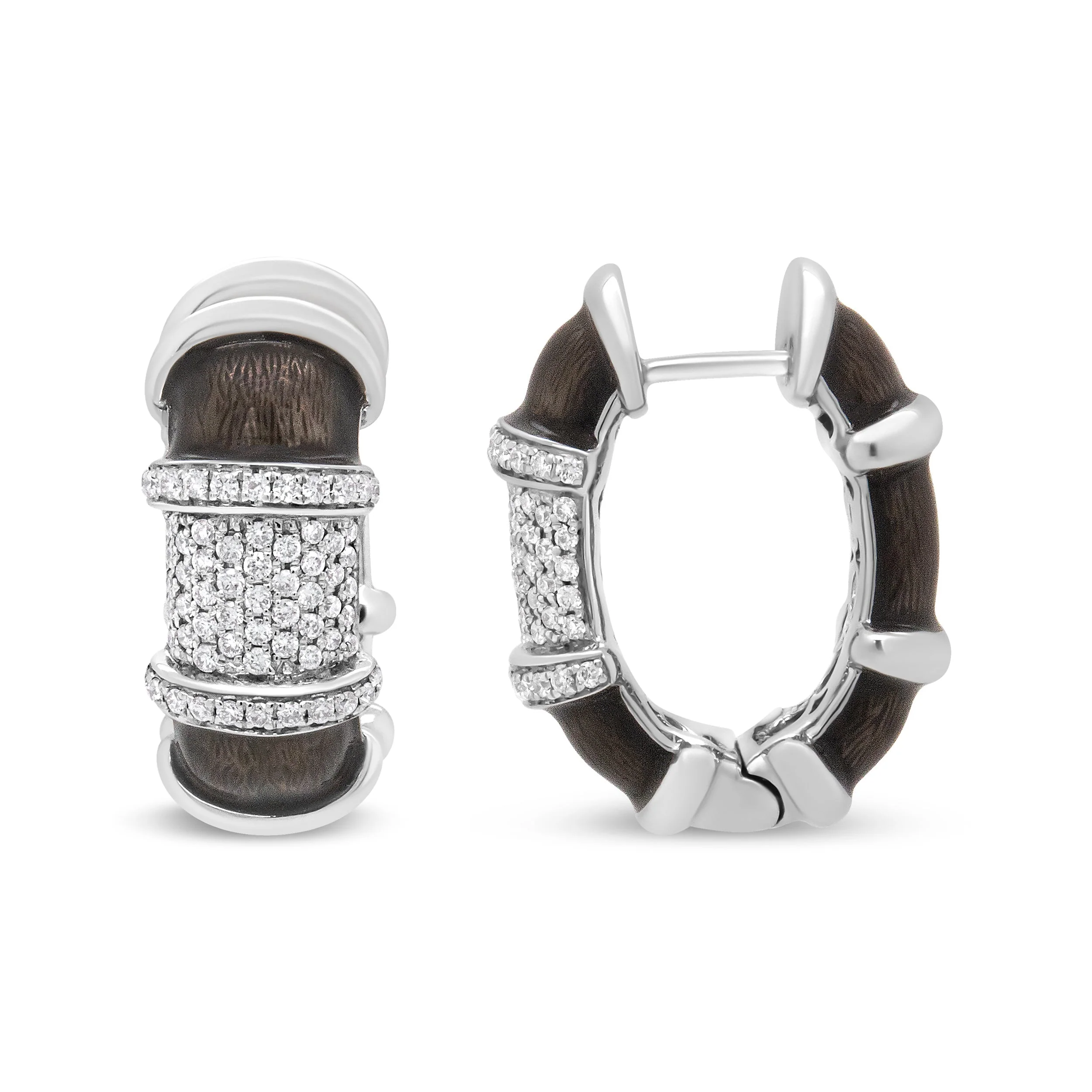 18K White Gold Flash Plated .925 Sterling Silver Clear Graphite Grey Enamel 5/8 Cttw Round Diamonds Huggie Hoop Earrings (F-G Color, VS1-VS2 Clarity) - Image 4