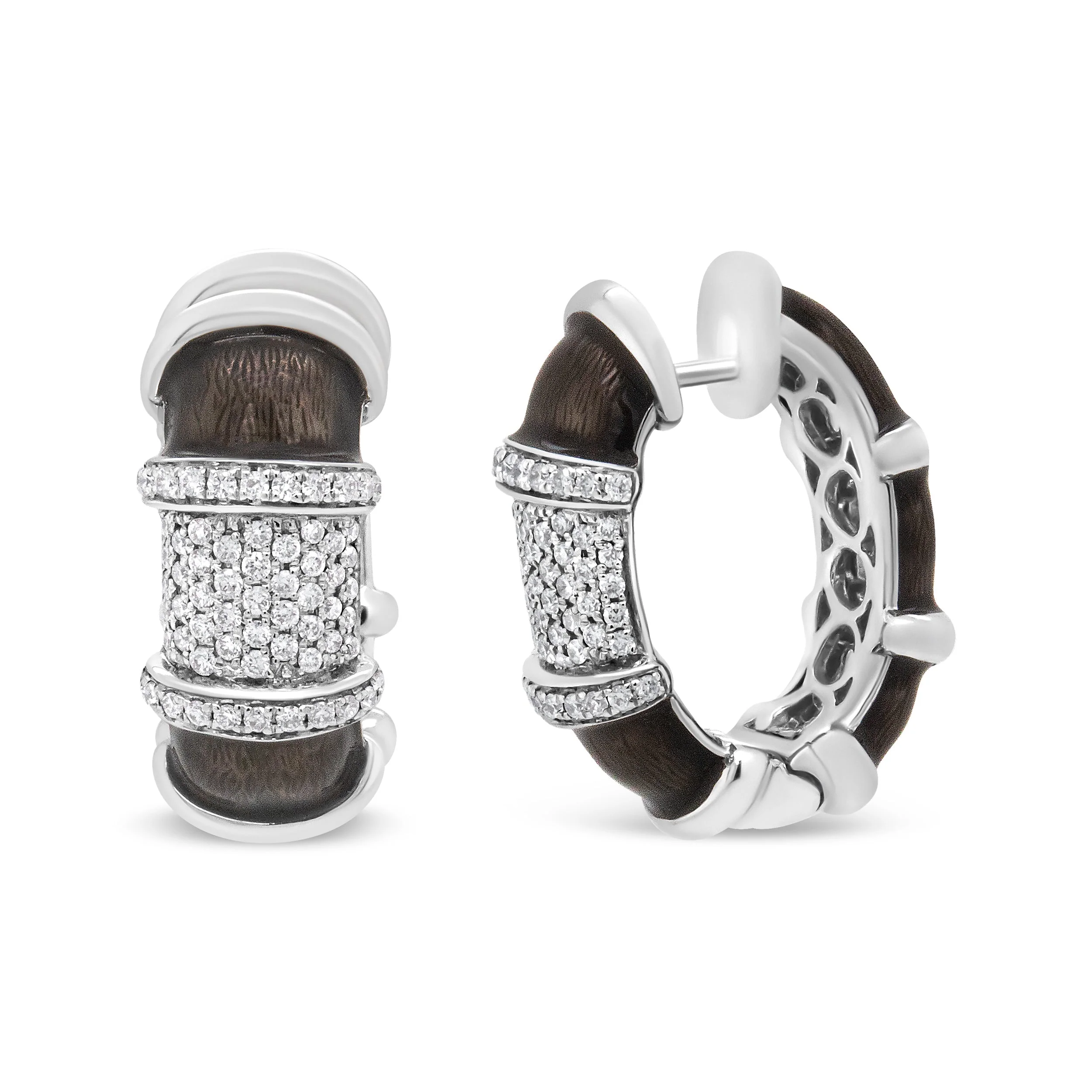 18K White Gold Flash Plated .925 Sterling Silver Clear Graphite Grey Enamel 5/8 Cttw Round Diamonds Huggie Hoop Earrings (F-G Color, VS1-VS2 Clarity) - Image 9