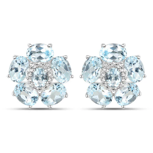 18K White Gold Plated 10.48 Carat Genuine Blue Topaz and White Topaz .925 Sterling Silver Earrings - Image 2