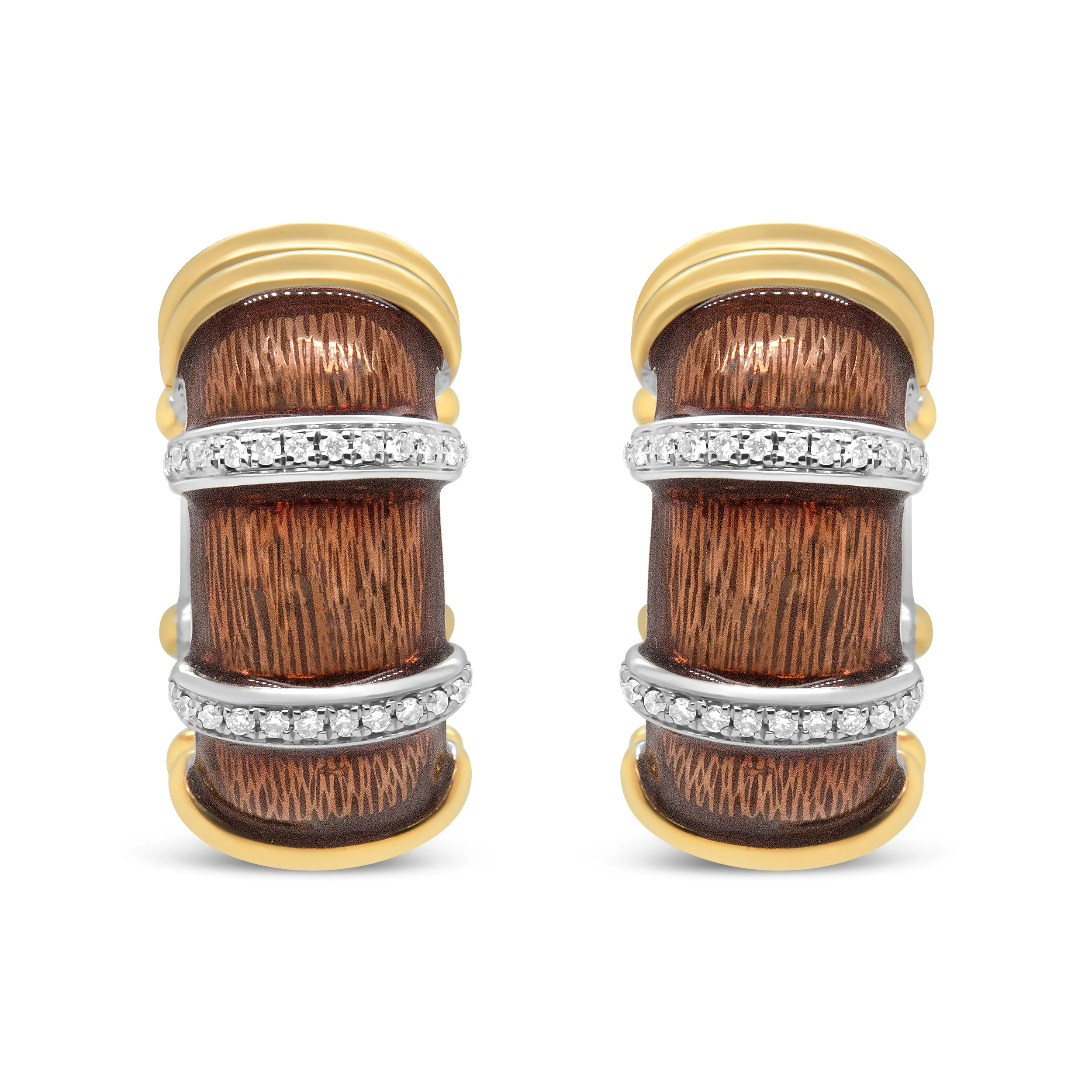 18K Yellow and White Gold Flash Plated .925 Sterling Silver Clear Brown Enamel 9/10 Cttw Round Diamonds Huggie Hoop Earrings (F-G Color, VS1-VS2 Clarity)