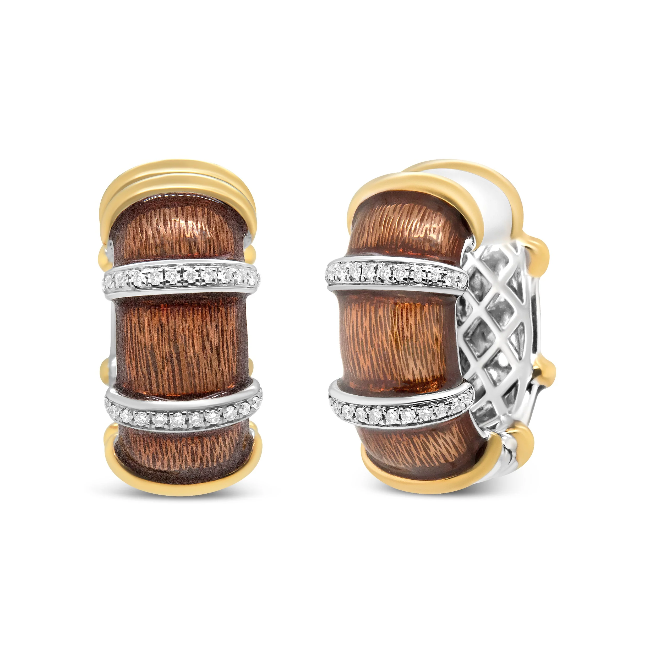 18K Yellow and White Gold Flash Plated .925 Sterling Silver Clear Brown Enamel 9/10 Cttw Round Diamonds Huggie Hoop Earrings (F-G Color, VS1-VS2 Clarity) - Image 2