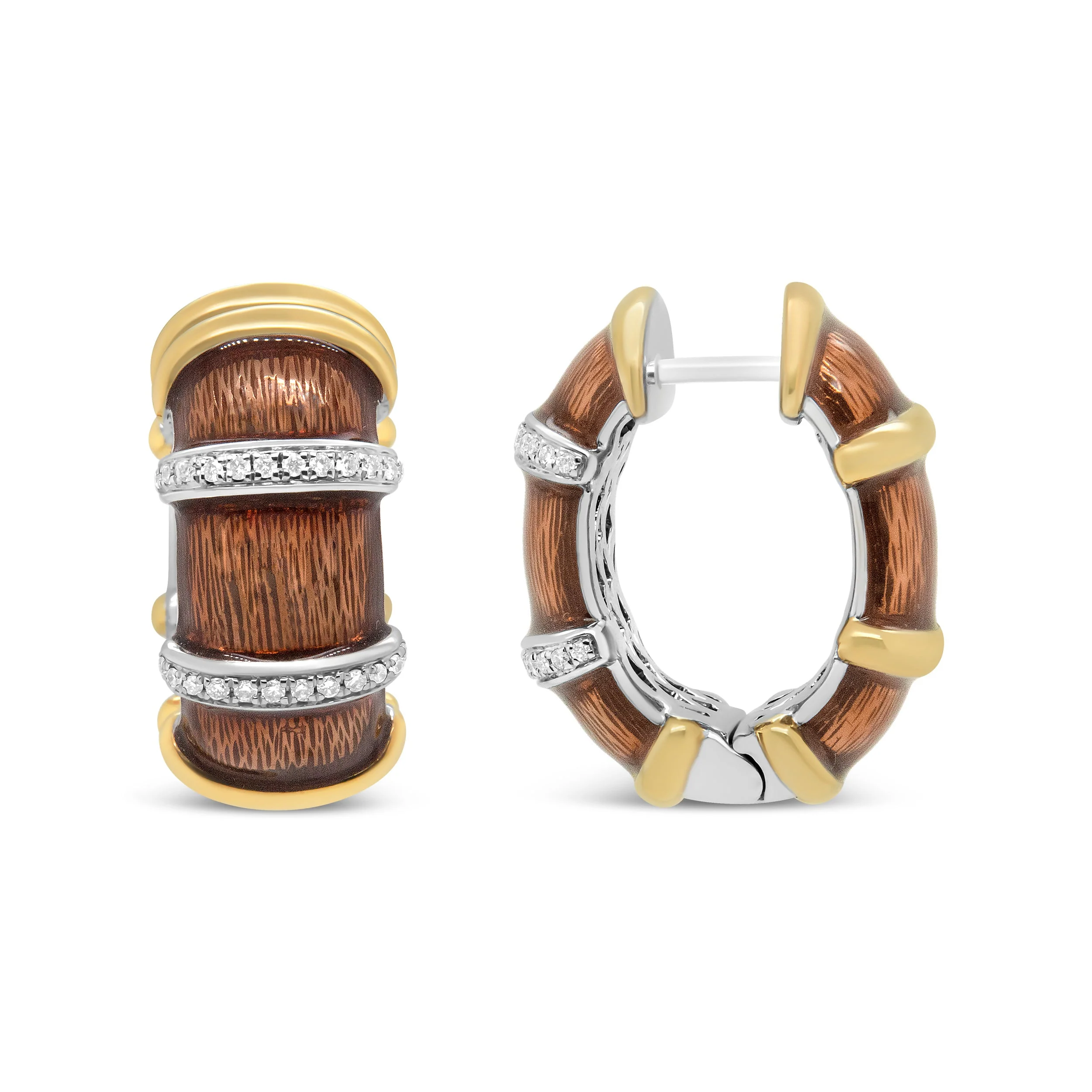 18K Yellow and White Gold Flash Plated .925 Sterling Silver Clear Brown Enamel 9/10 Cttw Round Diamonds Huggie Hoop Earrings (F-G Color, VS1-VS2 Clarity) - Image 3