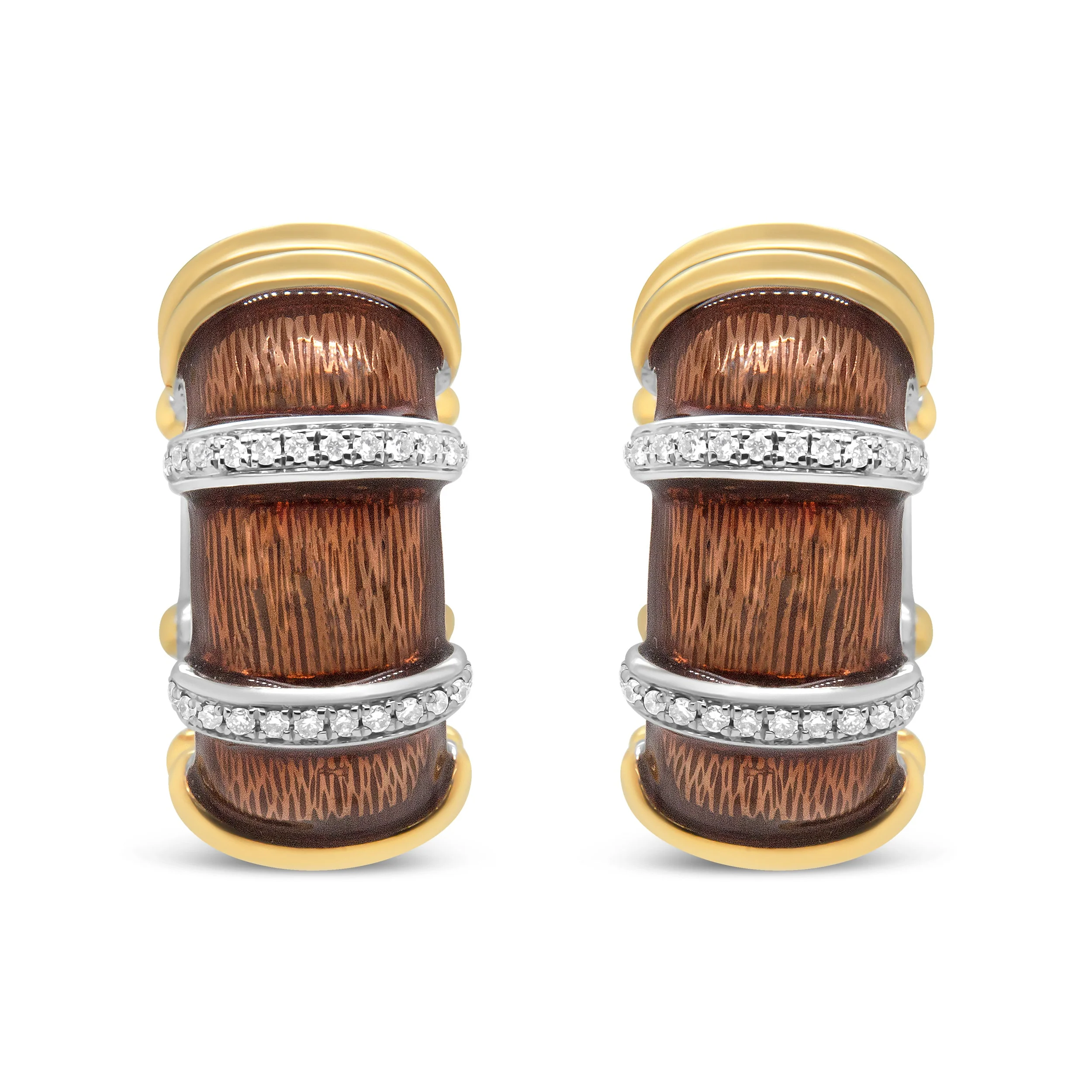 18K Yellow and White Gold Flash Plated .925 Sterling Silver Clear Brown Enamel 9/10 Cttw Round Diamonds Huggie Hoop Earrings (F-G Color, VS1-VS2 Clarity) - Image 5