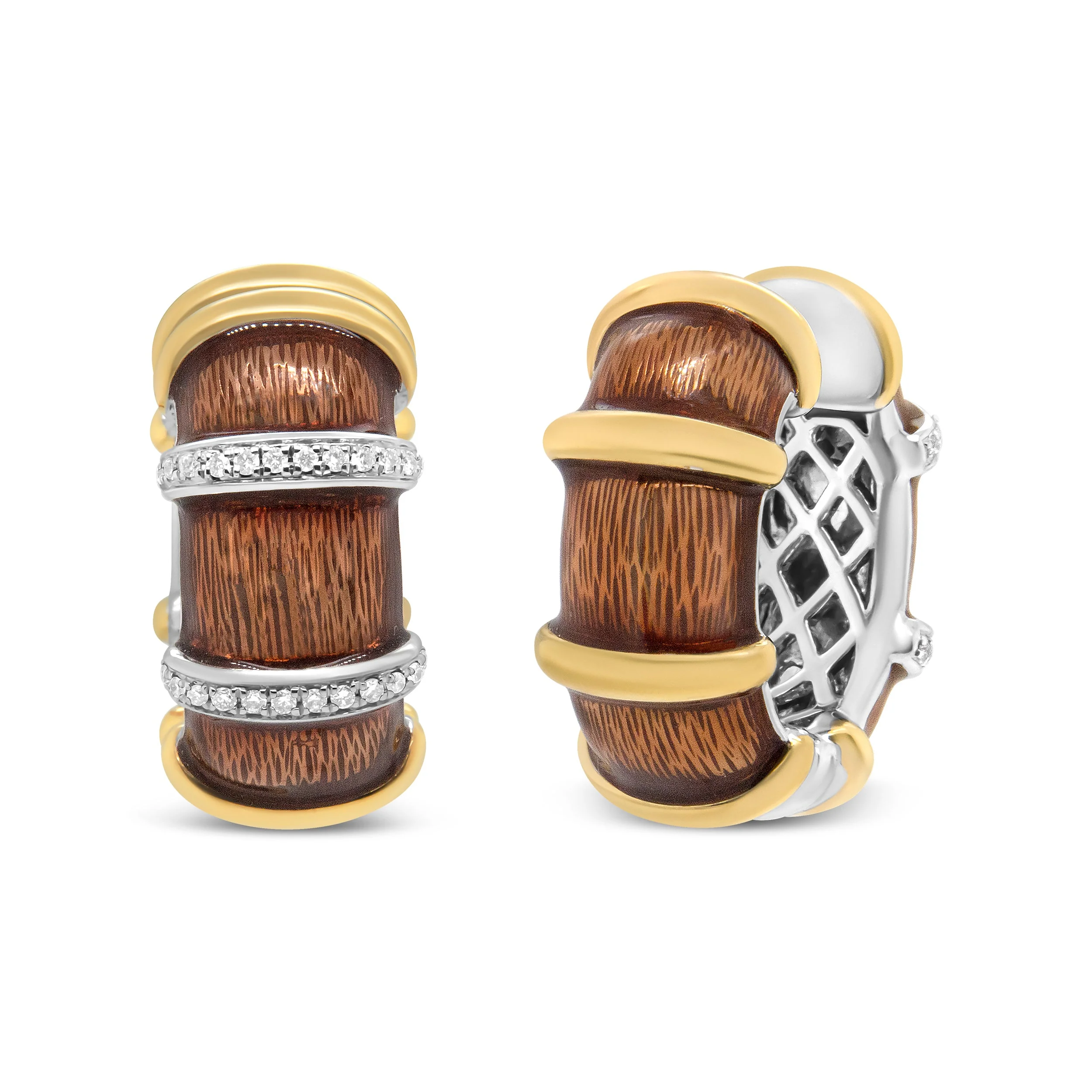 18K Yellow and White Gold Flash Plated .925 Sterling Silver Clear Brown Enamel 9/10 Cttw Round Diamonds Huggie Hoop Earrings (F-G Color, VS1-VS2 Clarity) - Image 8