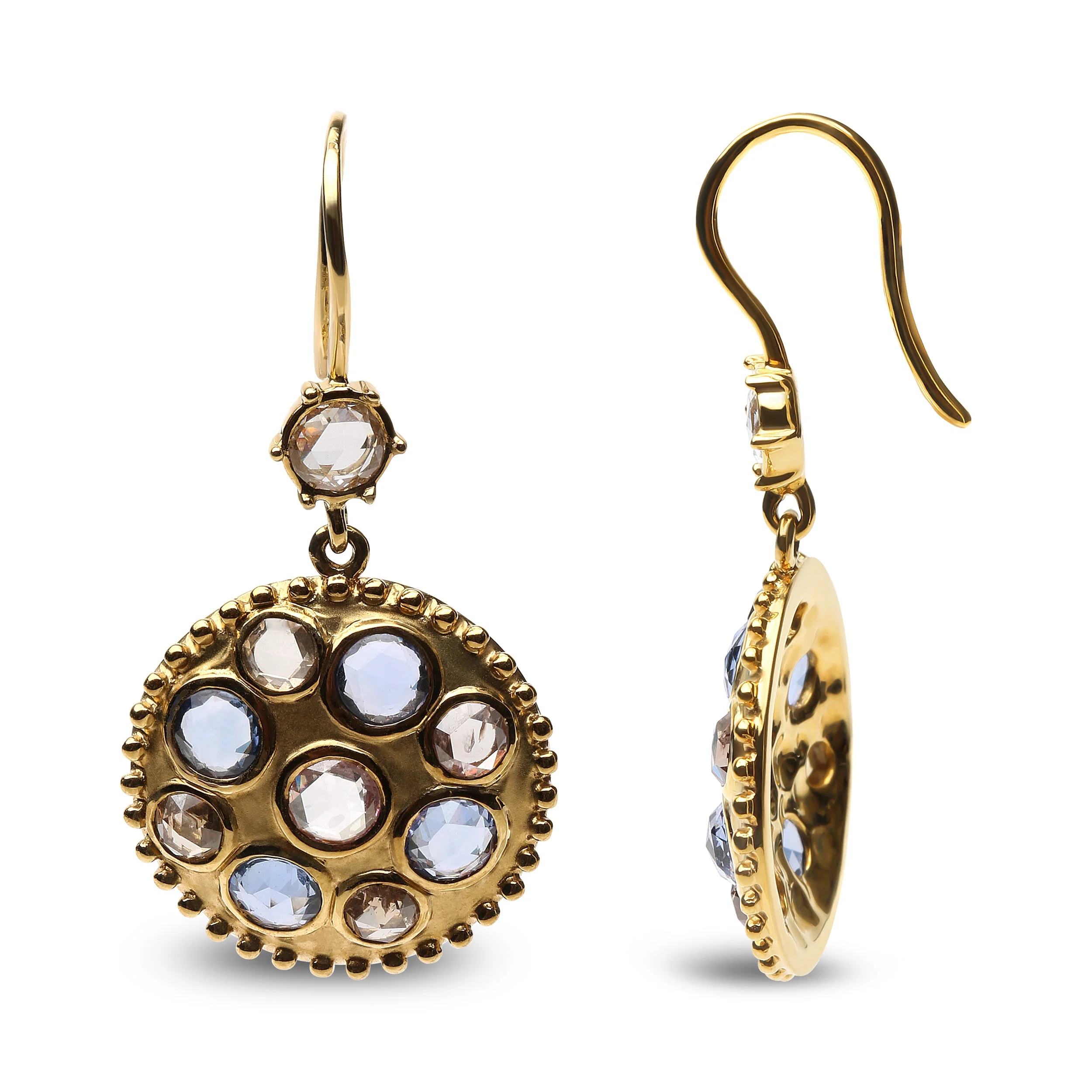 18K Yellow Gold 1 2/3 Cttw Diamond and Blue Sapphire Bezel Set Gemstone Cluster Medallion Dangle Earrings (Brown and G-H Color, SI1-SI2 Clarity) - Image 3