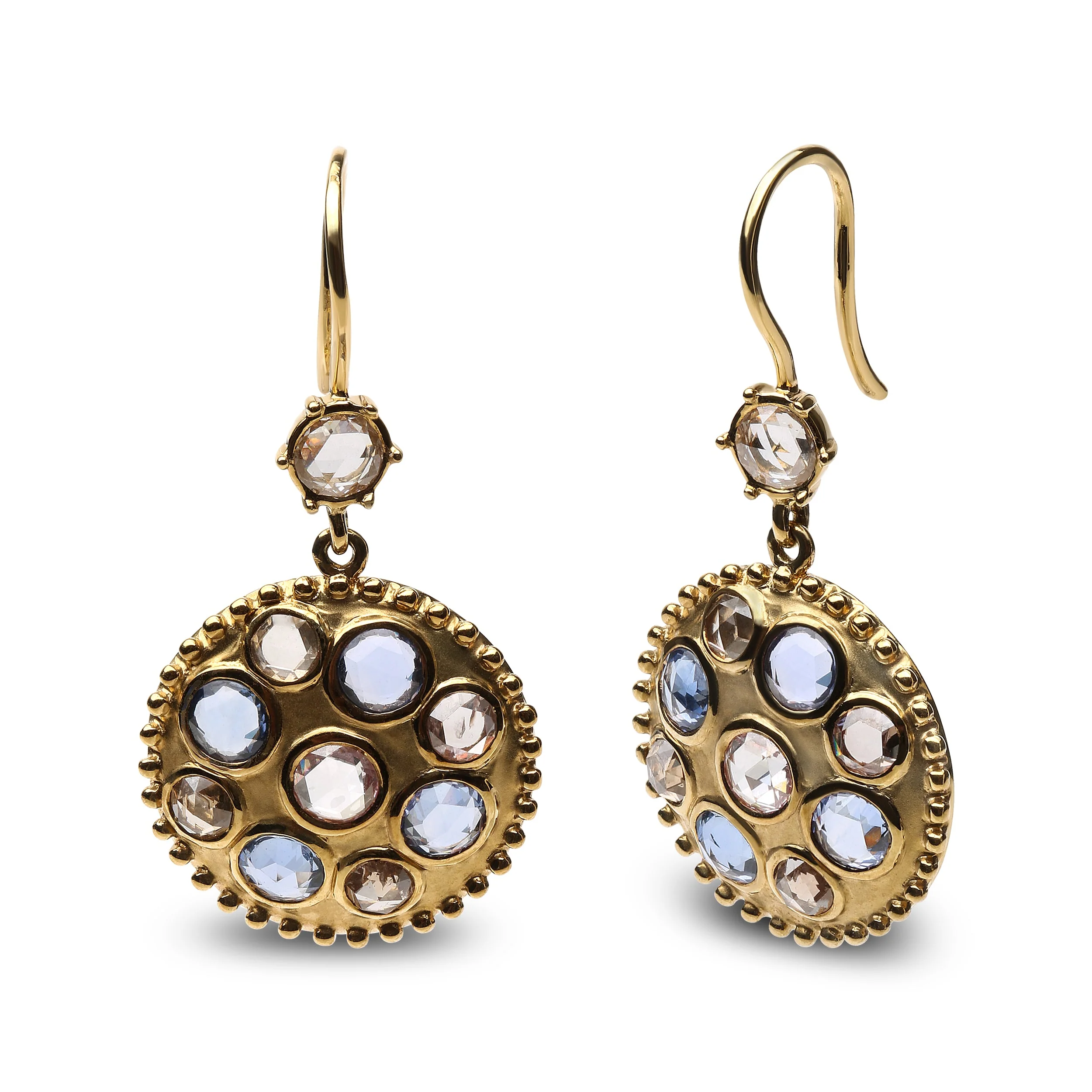 18K Yellow Gold 1 2/3 Cttw Diamond and Blue Sapphire Bezel Set Gemstone Cluster Medallion Dangle Earrings (Brown and G-H Color, SI1-SI2 Clarity) - Image 5