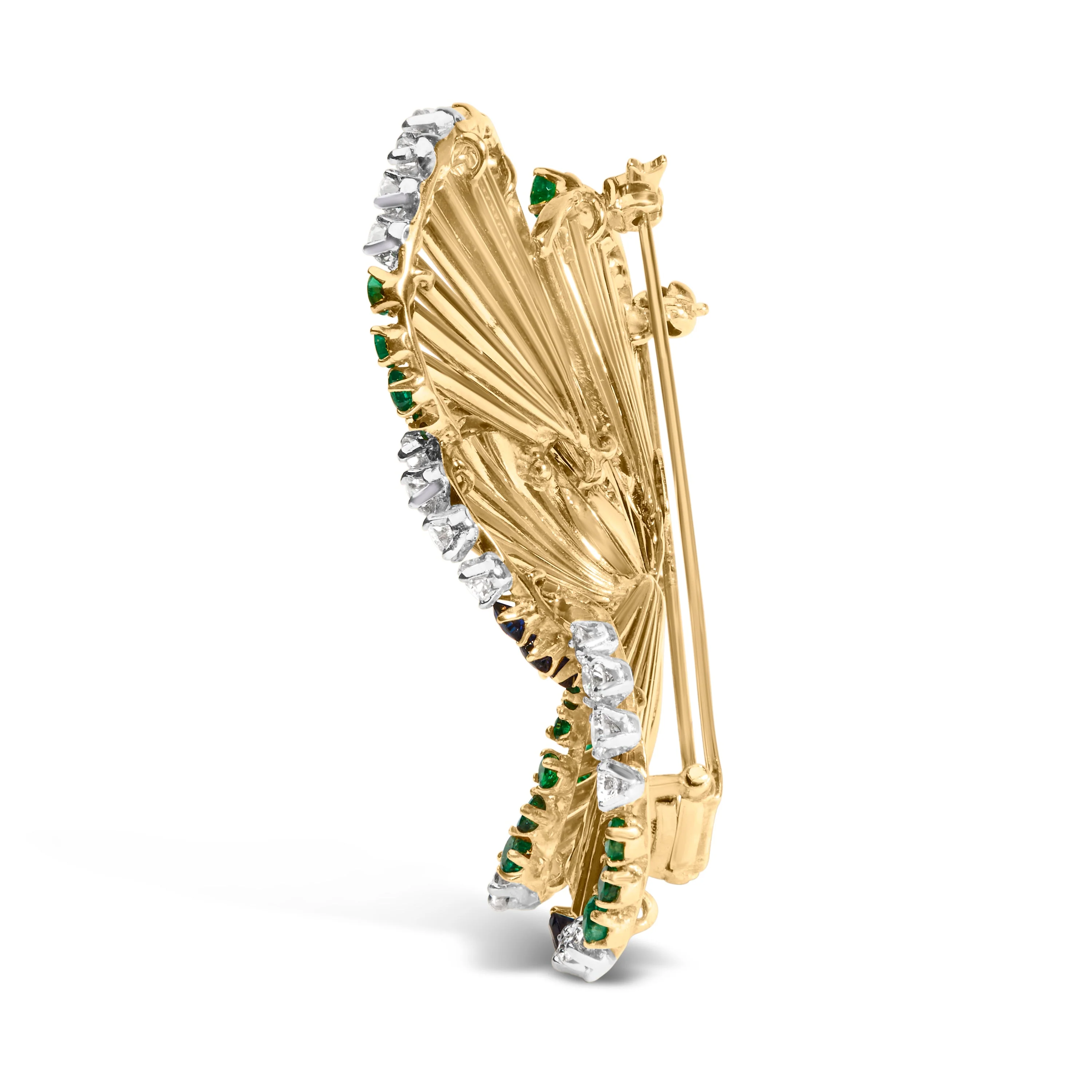 18K Yellow Gold 2 1/3 Cttw Diamond, Sapphire, and Emerald Sculpted Petal Brooch Pin (G-H Color, VS1-VS2 Clarity) - Image 11