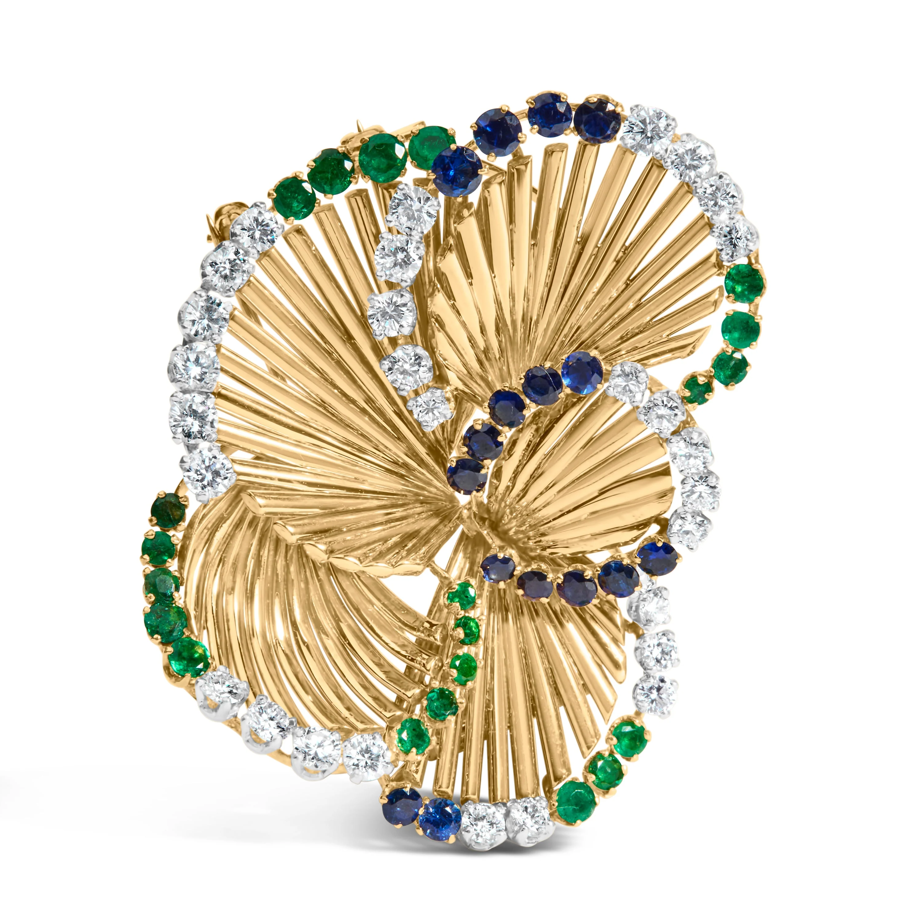 18K Yellow Gold 2 1/3 Cttw Diamond, Sapphire, and Emerald Sculpted Petal Brooch Pin (G-H Color, VS1-VS2 Clarity) - Image 6