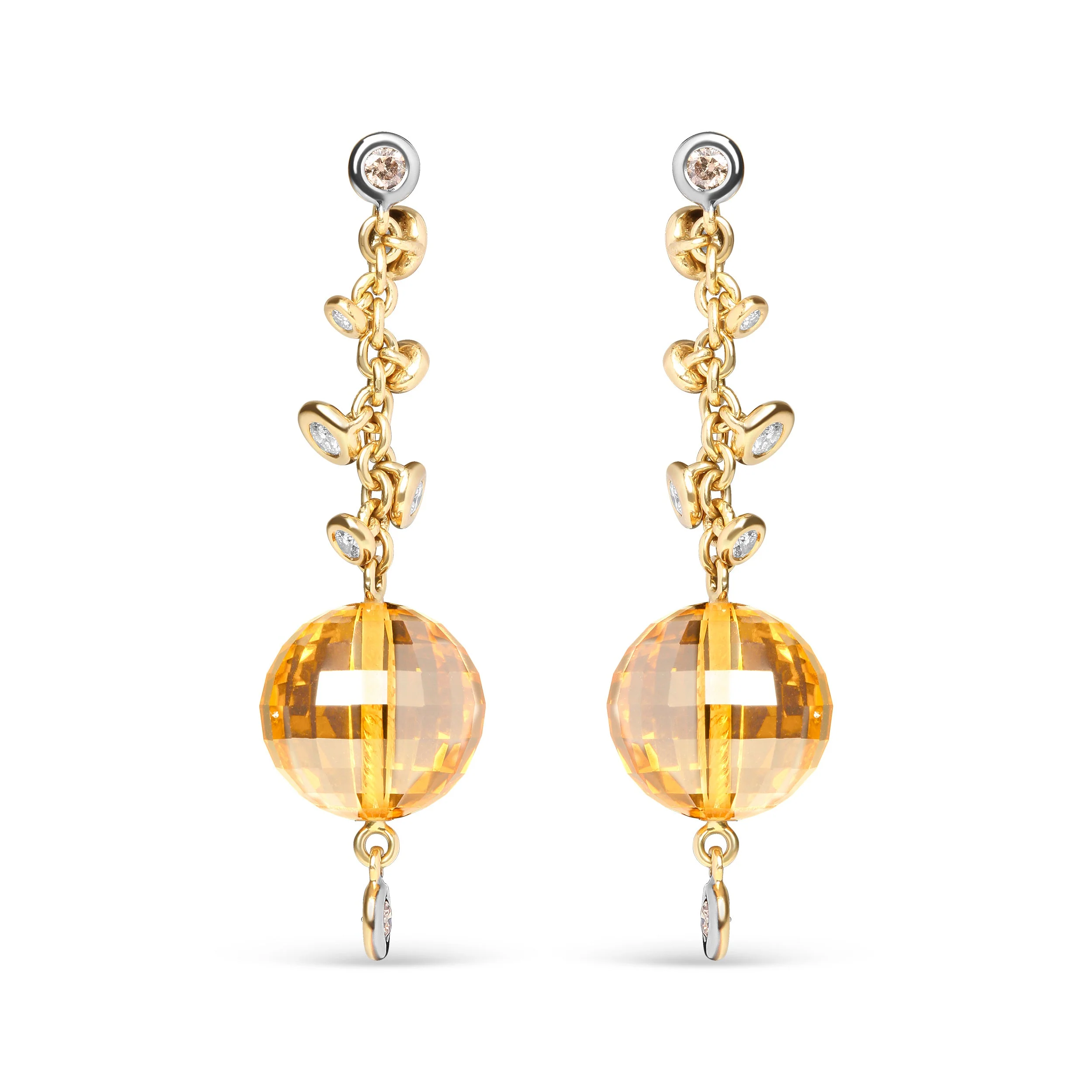 18K Yellow Gold 2/3 Cttw Round Bezel Diamond and 25mm Ball Shaped Yellow Citrine Gemstone Dangle Stud Earring (Brown and G-H Color, SI1-SI2 Clarity)