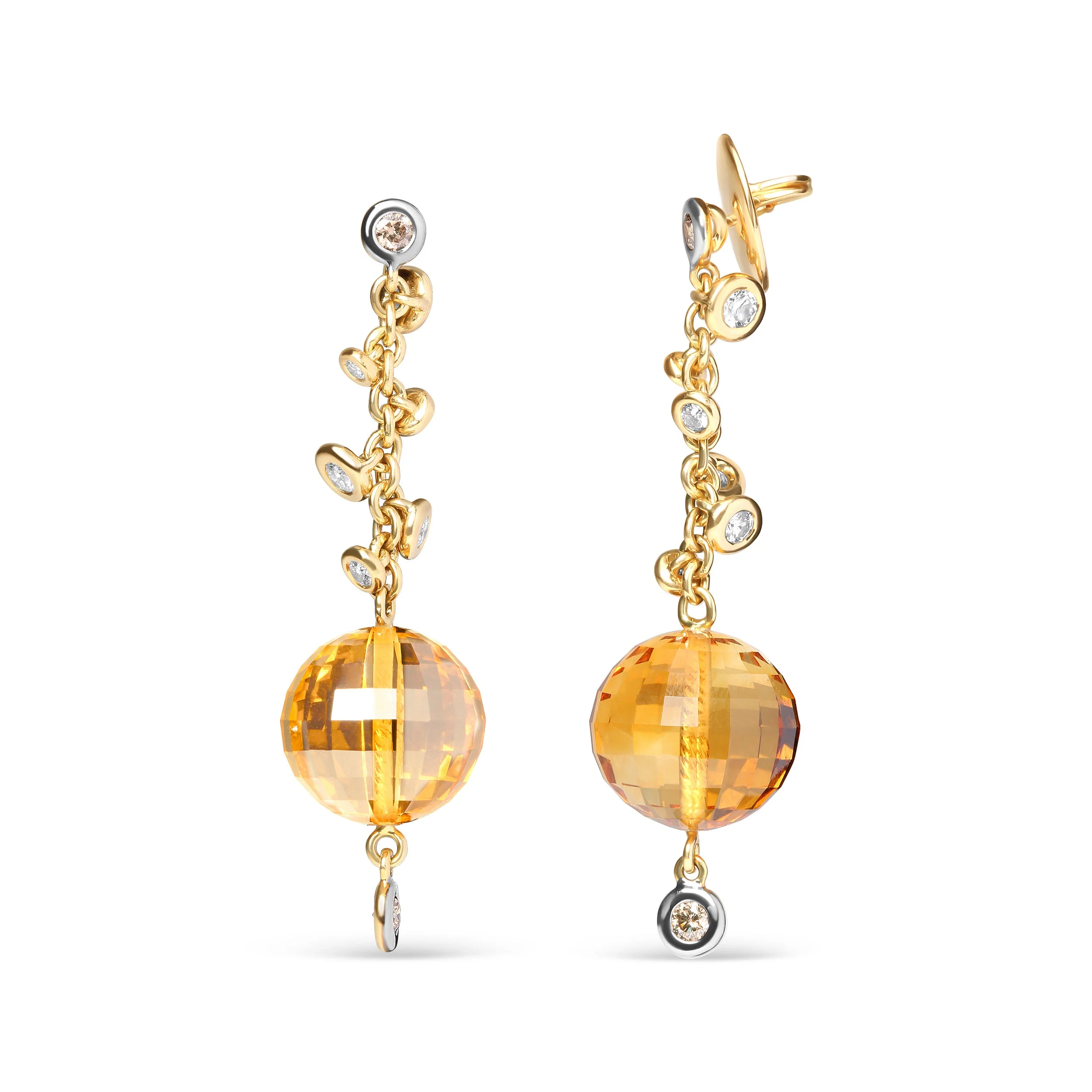 18K Yellow Gold 2/3 Cttw Round Bezel Diamond and 25mm Ball Shaped Yellow Citrine Gemstone Dangle Stud Earring (Brown and G-H Color, SI1-SI2 Clarity) - Image 2