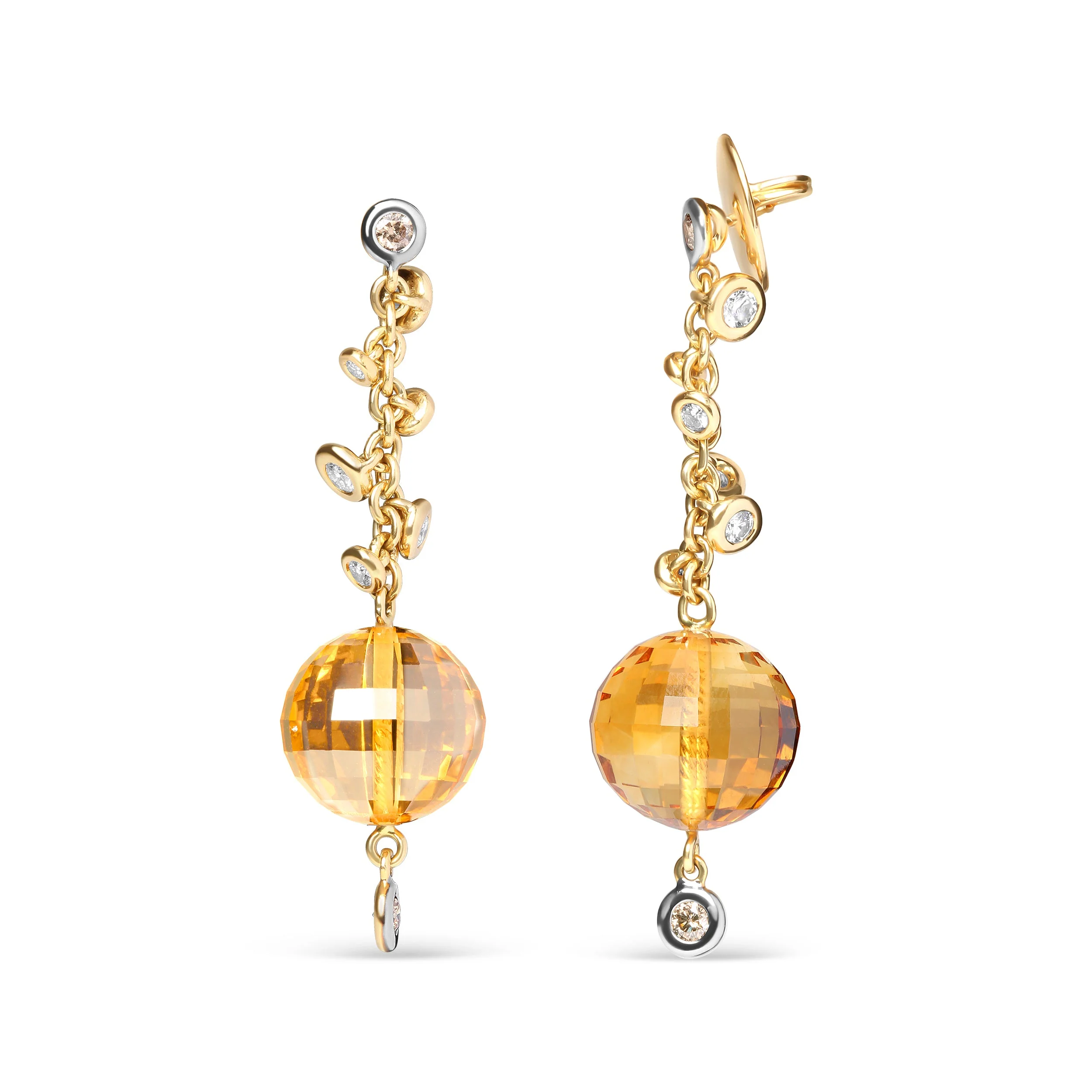 18K Yellow Gold 2/3 Cttw Round Bezel Diamond and 25mm Ball Shaped Yellow Citrine Gemstone Dangle Stud Earring (Brown and G-H Color, SI1-SI2 Clarity) - Image 6