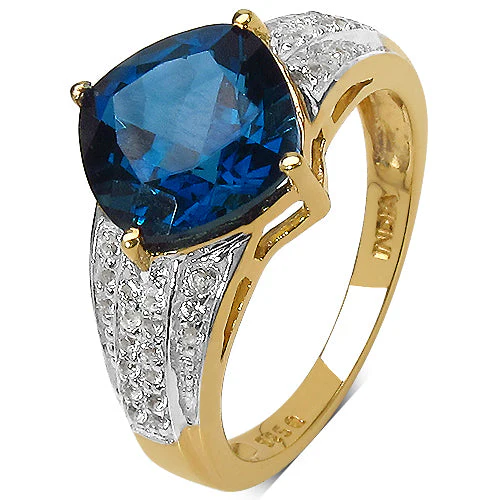 18K Yellow Gold Plated 3.83 Carat Genuine London Blue Topaz & White Topaz .925 Sterling Silver Ring - Image 2