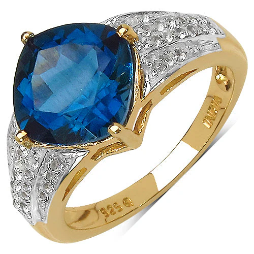 18K Yellow Gold Plated 3.83 Carat Genuine London Blue Topaz & White Topaz .925 Sterling Silver Ring - Image 4