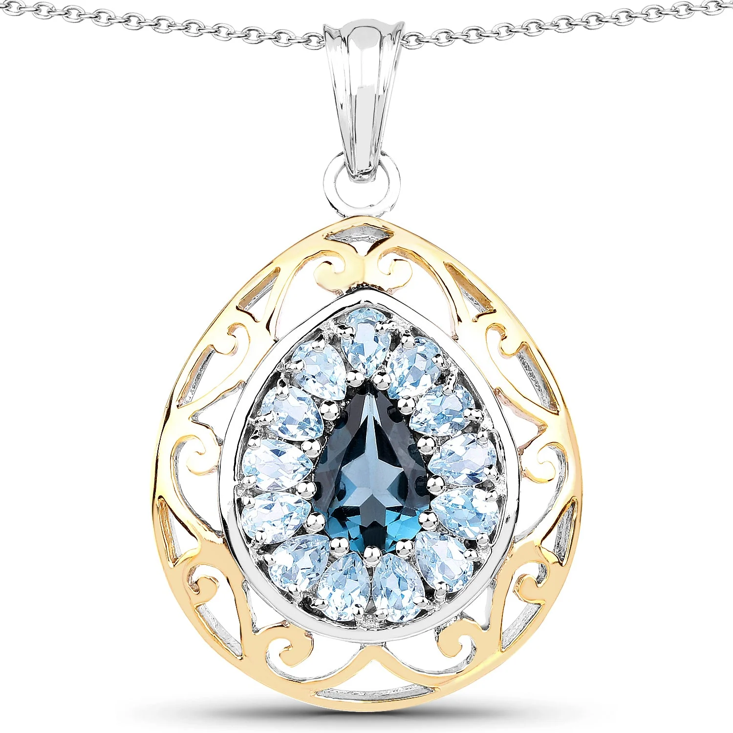 18K Yellow Gold Plated 4.44 Carat Genuine London Blue Topaz and Blue Topaz .925 Sterling Silver Pendant