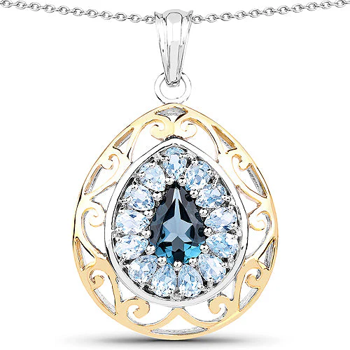 18K Yellow Gold Plated 4.44 Carat Genuine London Blue Topaz and Blue Topaz .925 Sterling Silver Pendant - Image 3