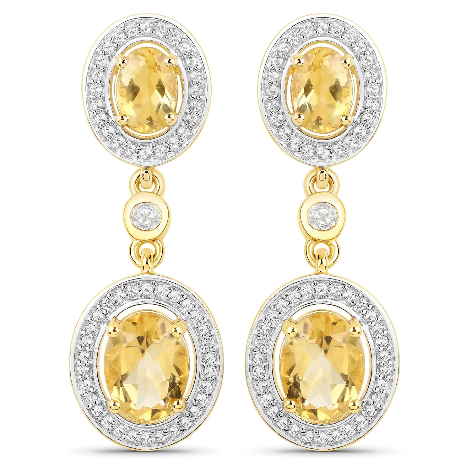 18K Yellow Gold Plated 5.70 Carat Genuine Citrine and White Topaz .925 Sterling Silver Earrings