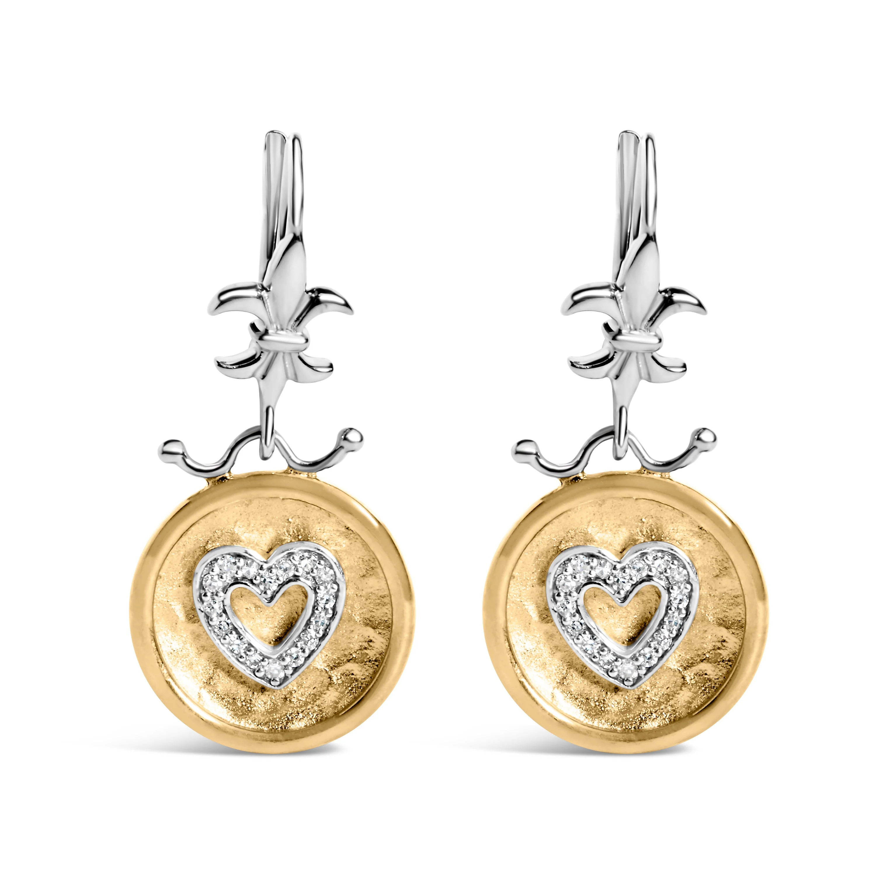 18K Yellow Gold Plated .925 Sterling Silver 1/8 Cttw Diamond Hammered Finished Medallion Heart Drop and Dangle Earrings (I-J Color, SI1-SI2 Clarity) - Image 4