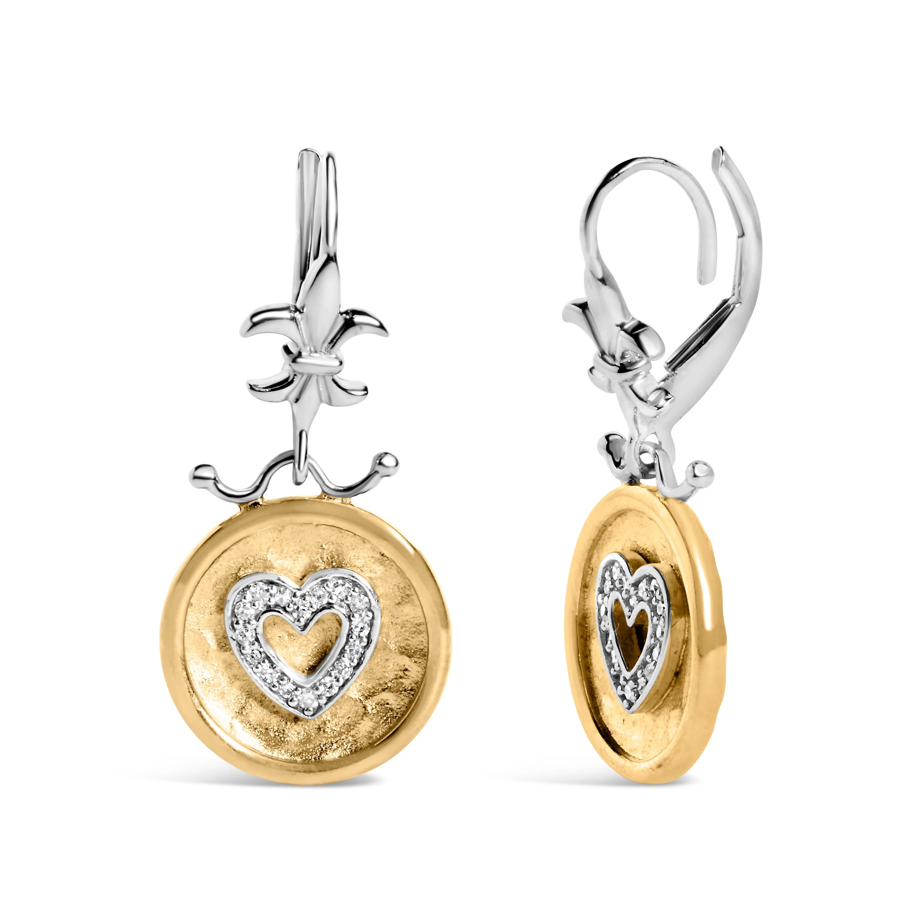18K Yellow Gold Plated .925 Sterling Silver 1/8 Cttw Diamond Hammered Finished Medallion Heart Drop and Dangle Earrings (I-J Color, SI1-SI2 Clarity) - Image 5