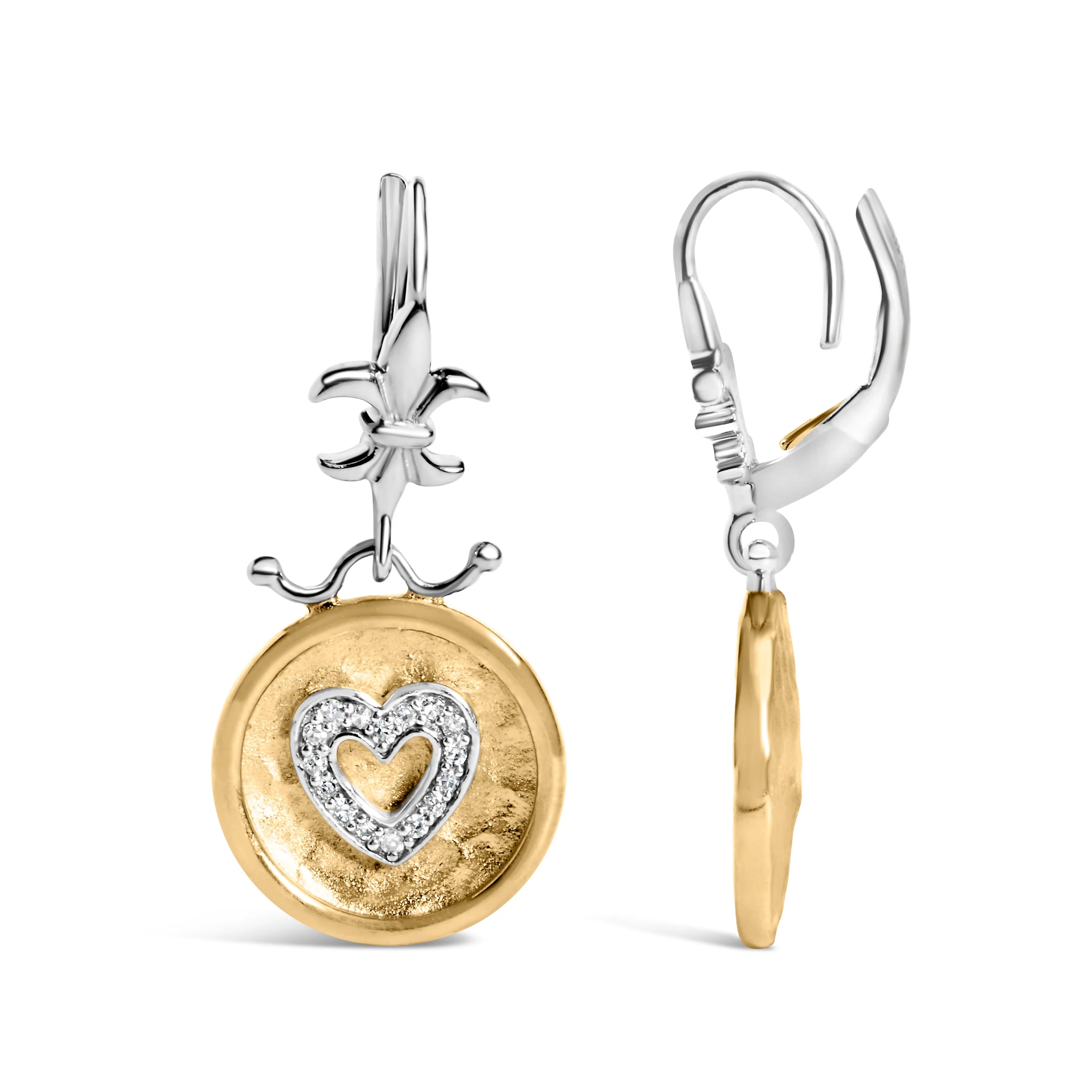 18K Yellow Gold Plated .925 Sterling Silver 1/8 Cttw Diamond Hammered Finished Medallion Heart Drop and Dangle Earrings (I-J Color, SI1-SI2 Clarity) - Image 6