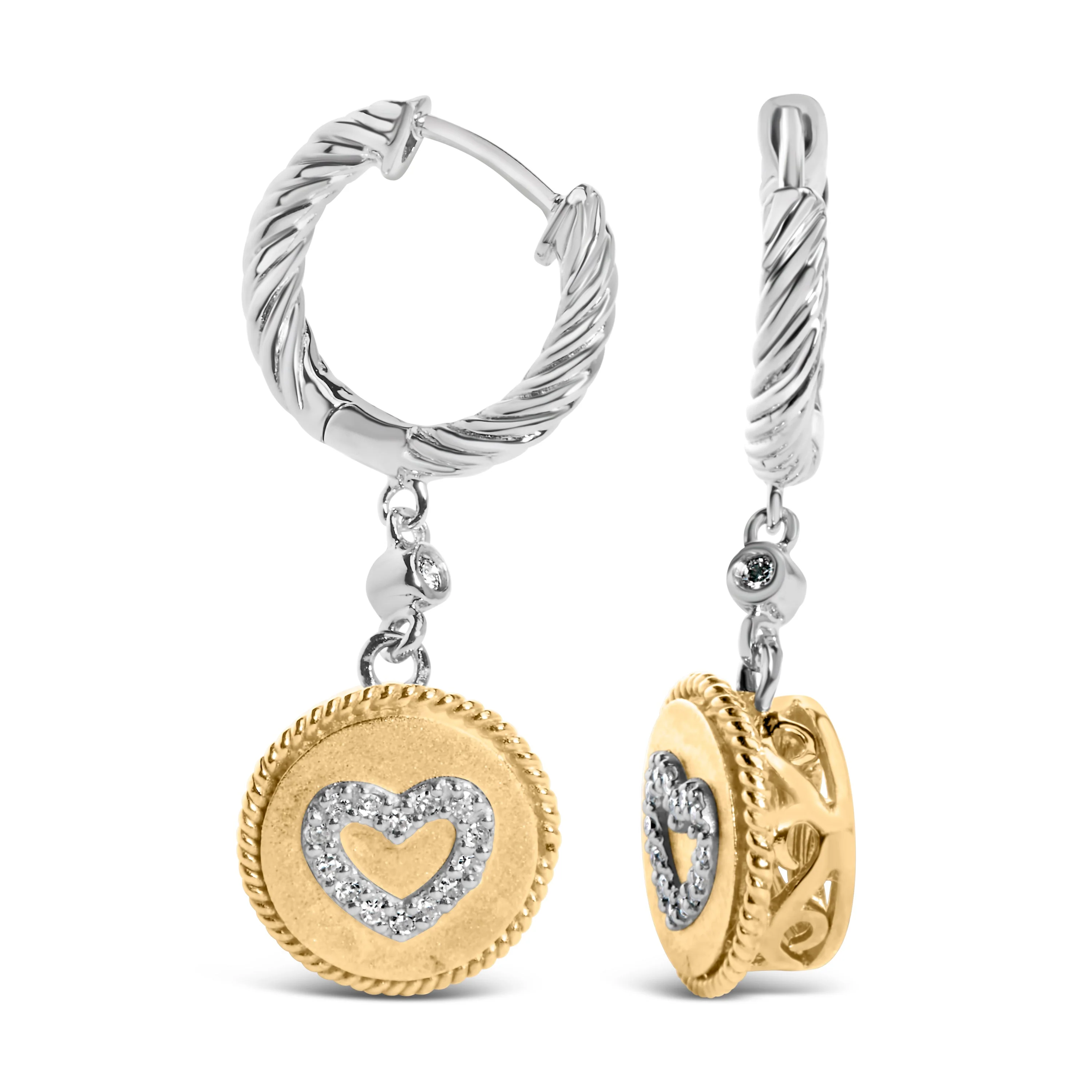 18K Yellow Gold Plated .925 Sterling Silver 1/8 Cttw Diamond Heart Medallion Drop and Dangle Earring (I-J Color, SI1-SI2 Clarity) - Image 6
