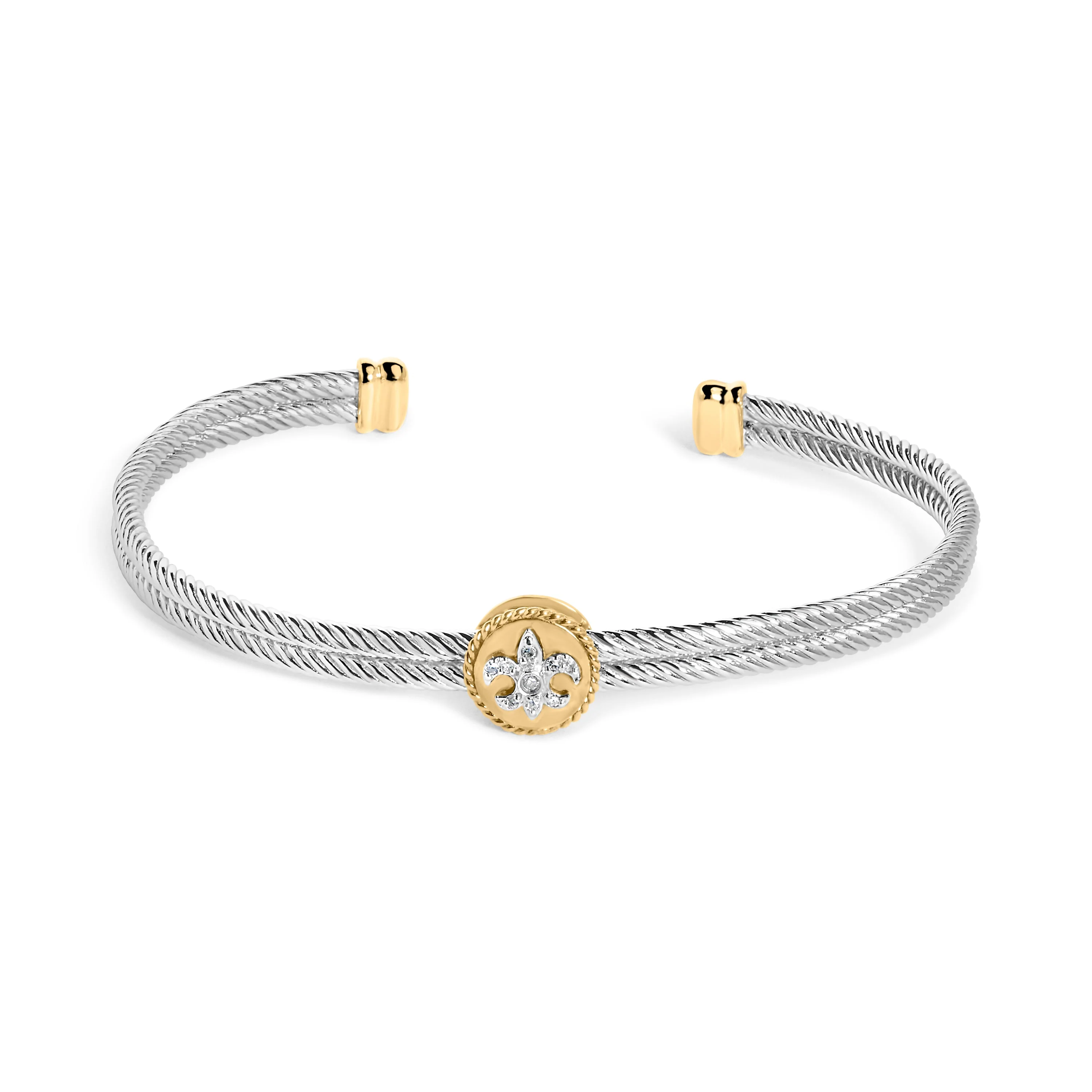 18K Yellow Gold Plated .925 Sterling Silver Diamond Accent  and Fleur Di Lis Medallion Bangle Bracelet (I-J Color, SI1-SI2 Clarity) - 7.25 Inches - Image 4