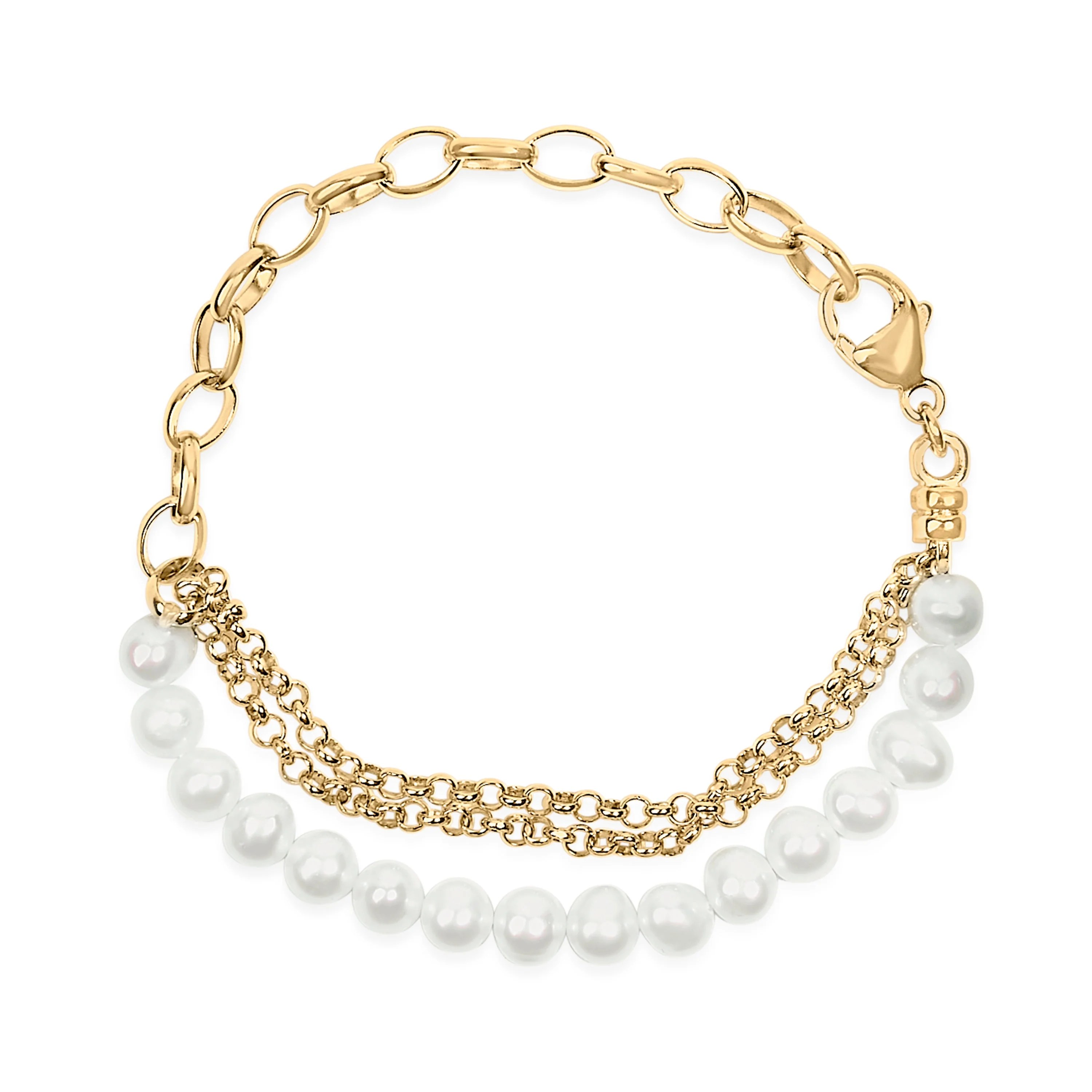 18K Yellow Gold Vermeil Cultured Pearl Station Link Bracelet - Image 3